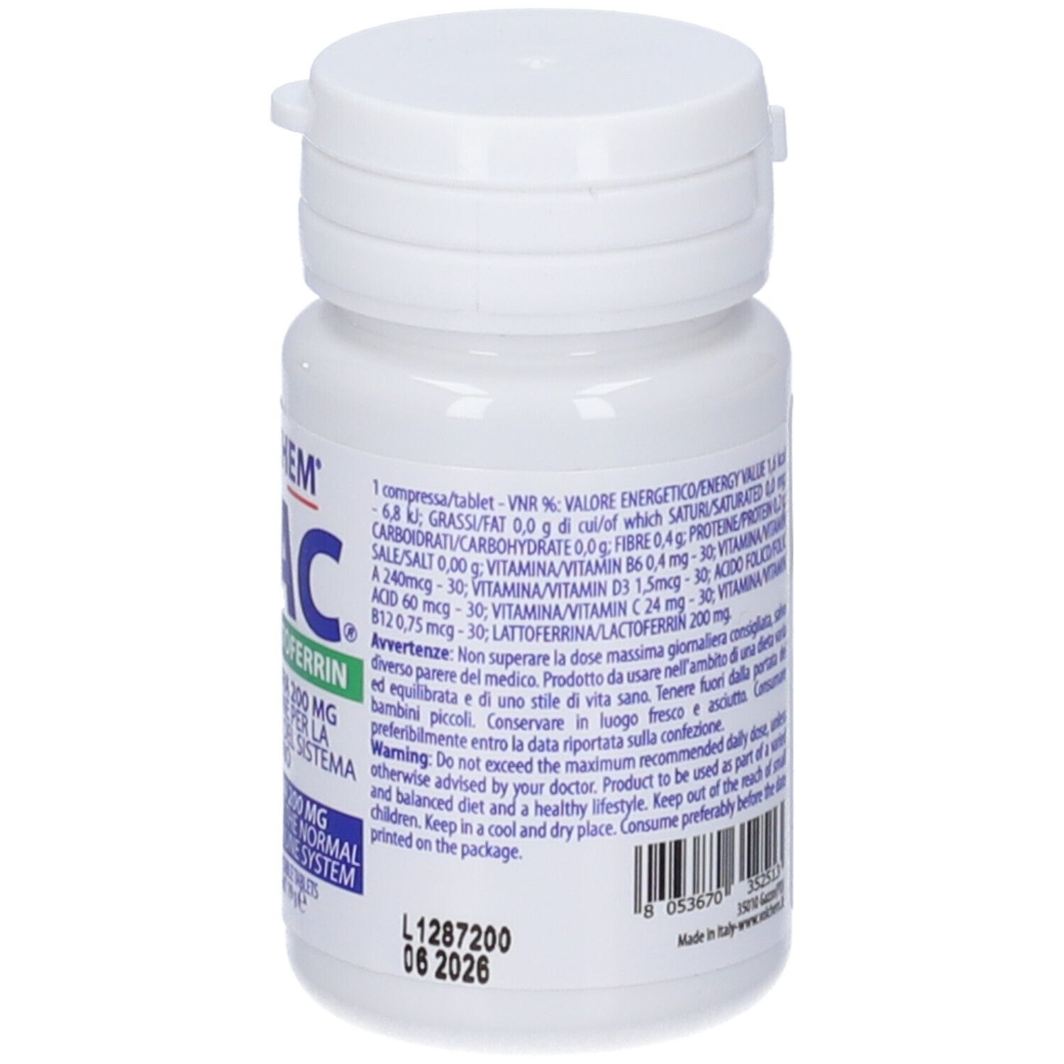Flacone di compresse bianco con etichetta verde e blu. Scritta: VOLCHEM VILAC, Vitamine - Lattoferrina. Dettagli sul lato.