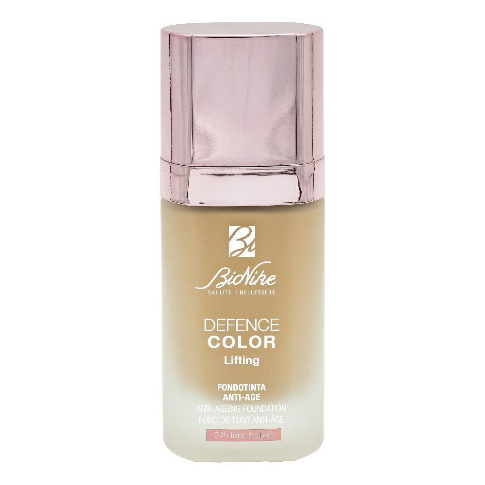 Fondotinta BioNike Defence Color Lifting. Tonalità beige. Flacone con tappo rosa. Marchio e nome del prodotto visibili.