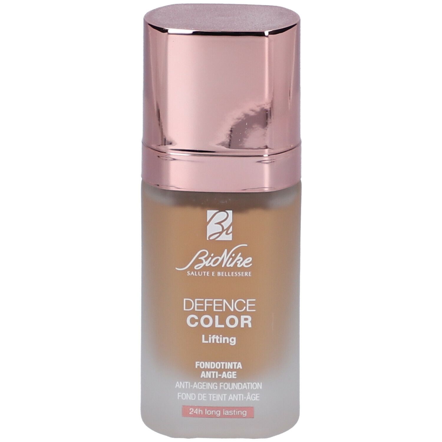 Fondotinta BioNike Defence Color Lifting. Tonalità beige. Flacone con tappo rosa. Marchio e nome del prodotto visibili.