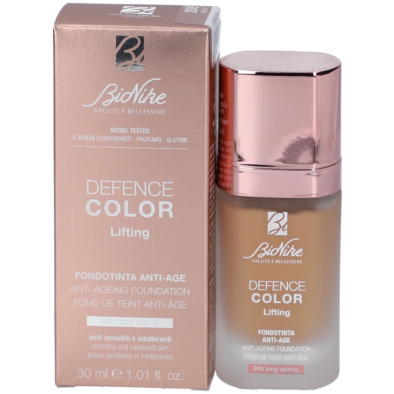 BioNike Defence Color Lifting fondotinta e confezione. Tonalità beige. Nome del prodotto e marchio visibili. 30 ml, 1.01 fl. oz.