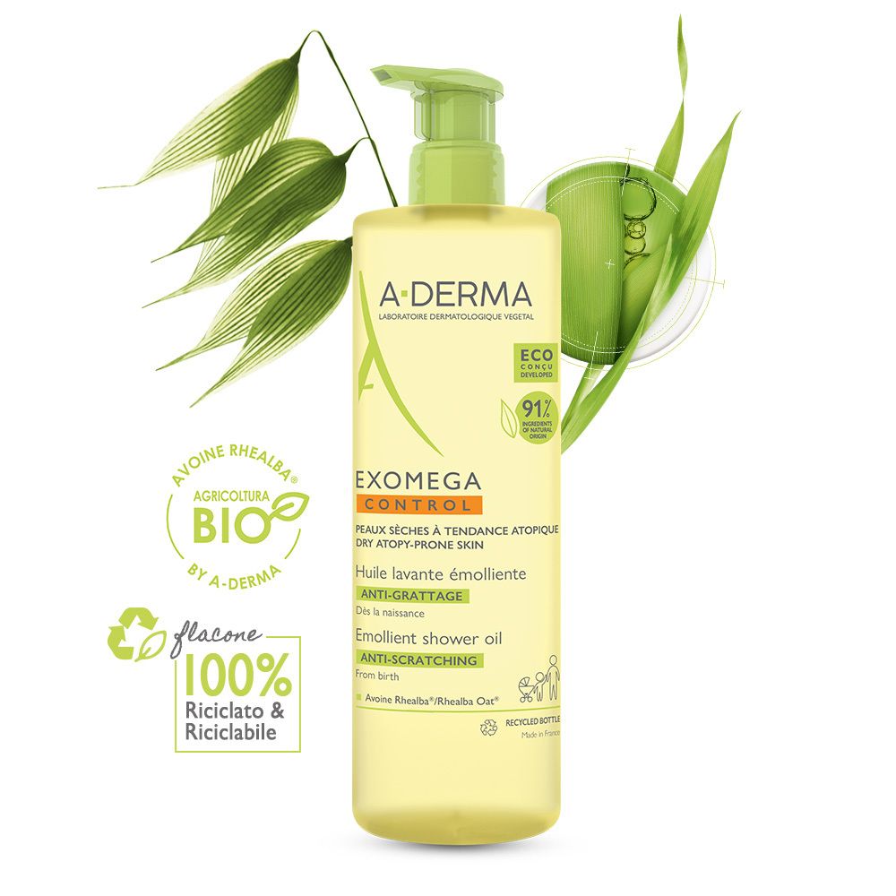 Olio doccia emolliente A-DERMA Exomega Control. Flacone con dosatore verde. Certificazione bio. Flacone riciclabile al 100%.