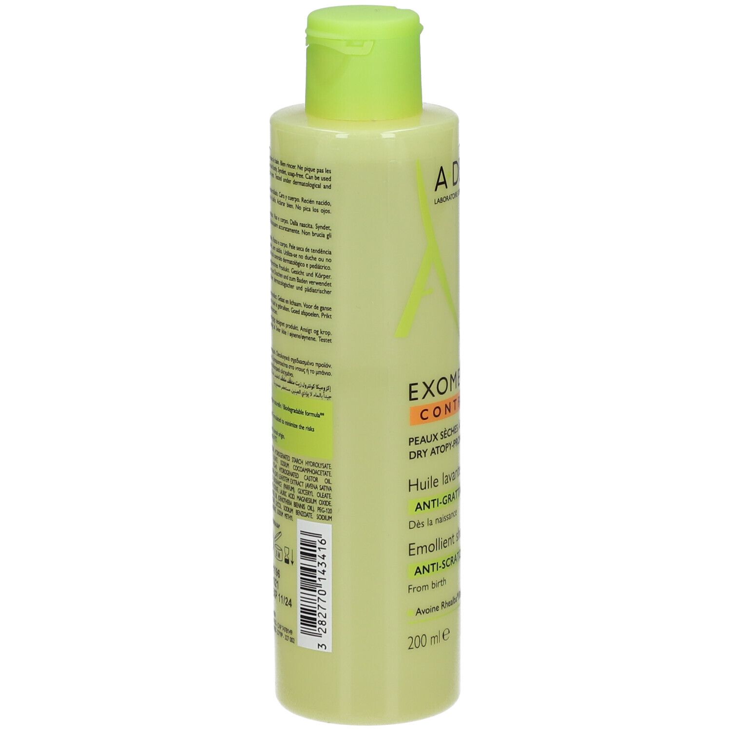 Flacone A-DERMA EXOMEGA CONTROL. Retro con testo e codice a barre. Tappo verde. Testo: EXOMEGA CONTROL, Anti-graffio, 200 ml.