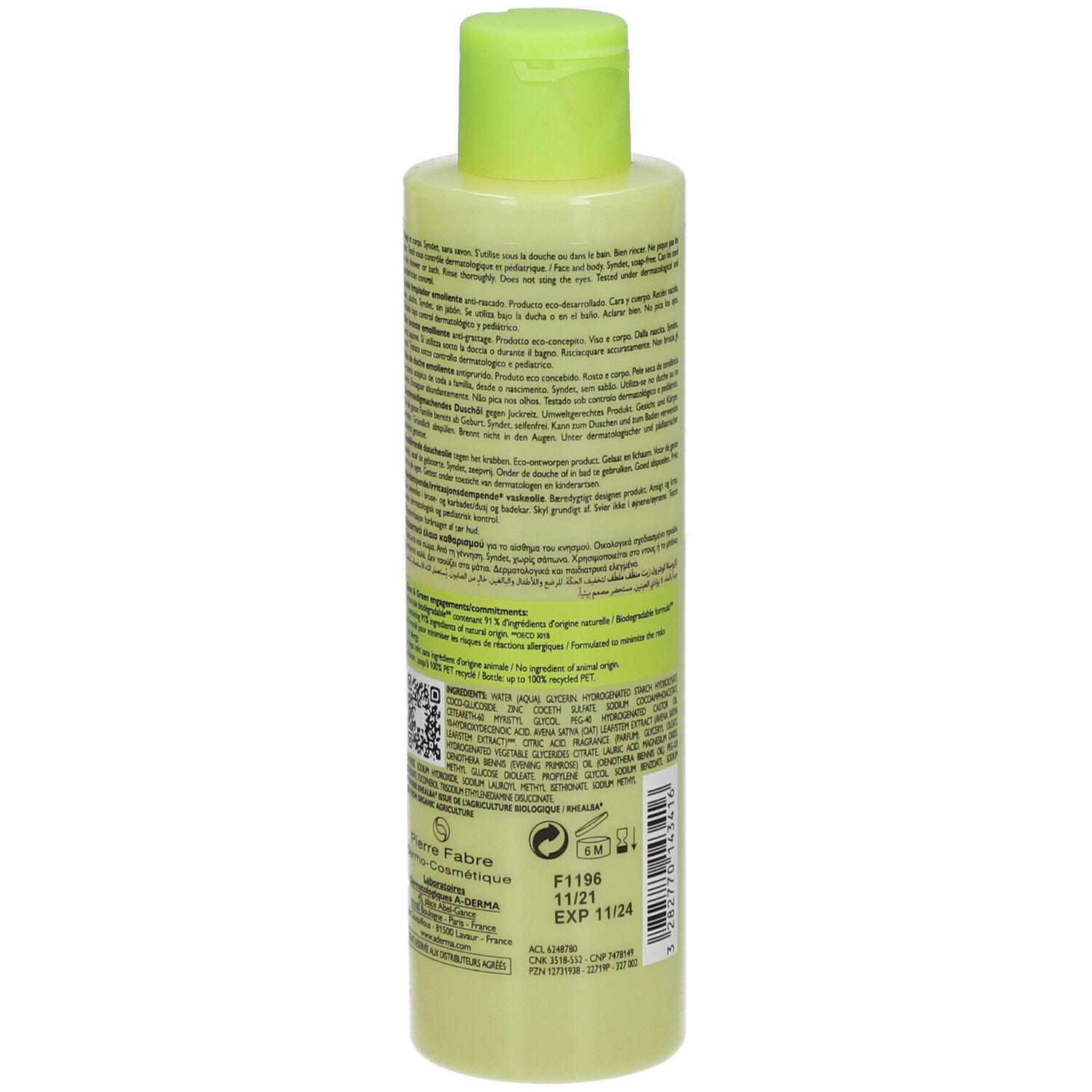 Flacone A-DERMA EXOMEGA CONTROL. Retro con testo e codice QR. Tappo verde. Testo: EXOMEGA CONTROL, 200 ml, data di scadenza.