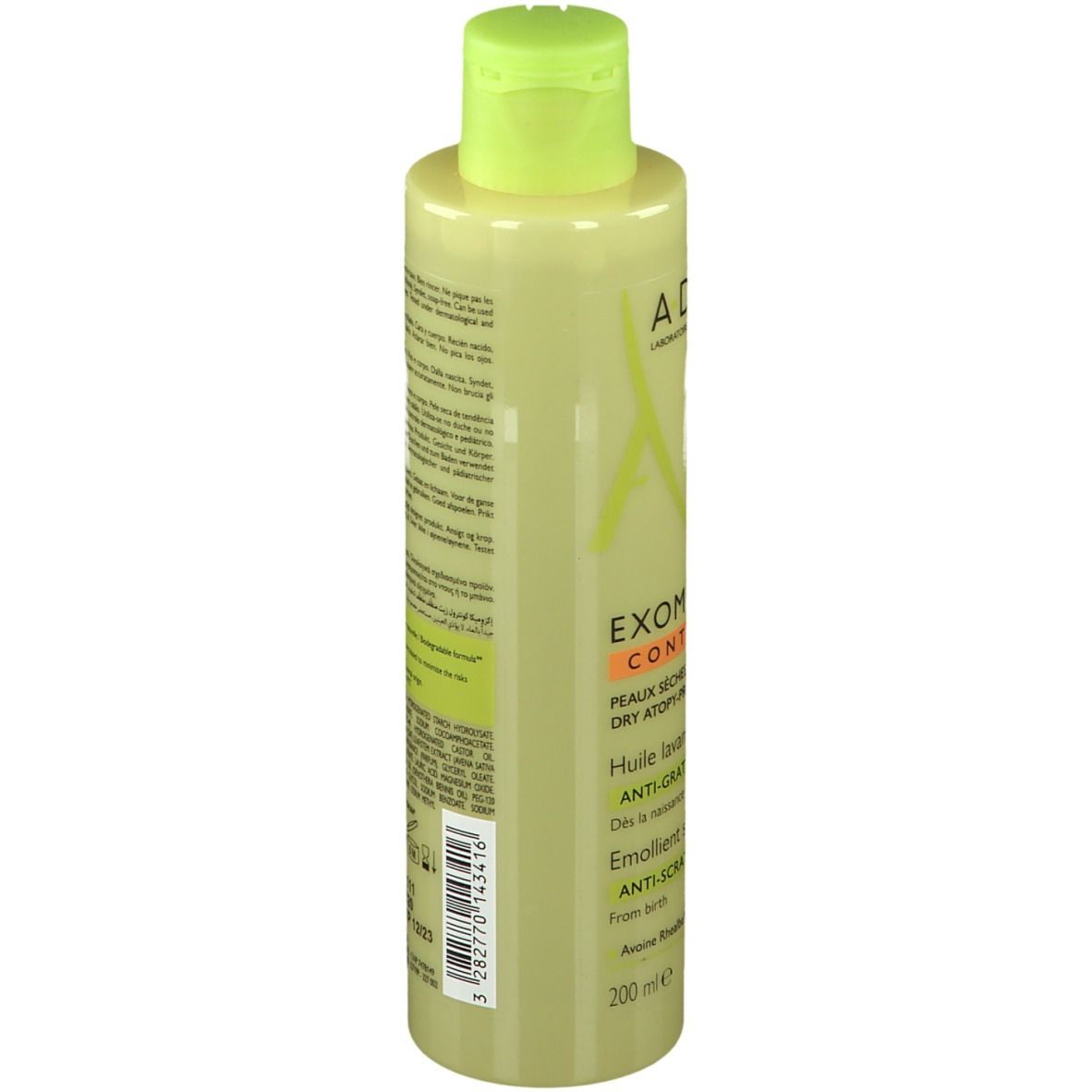 Flacone A-DERMA EXOMEGA CONTROL. Liquido verde-giallo, tappo verde. Testo: EXOMEGA CONTROL, 91% ingredienti di origine naturale.