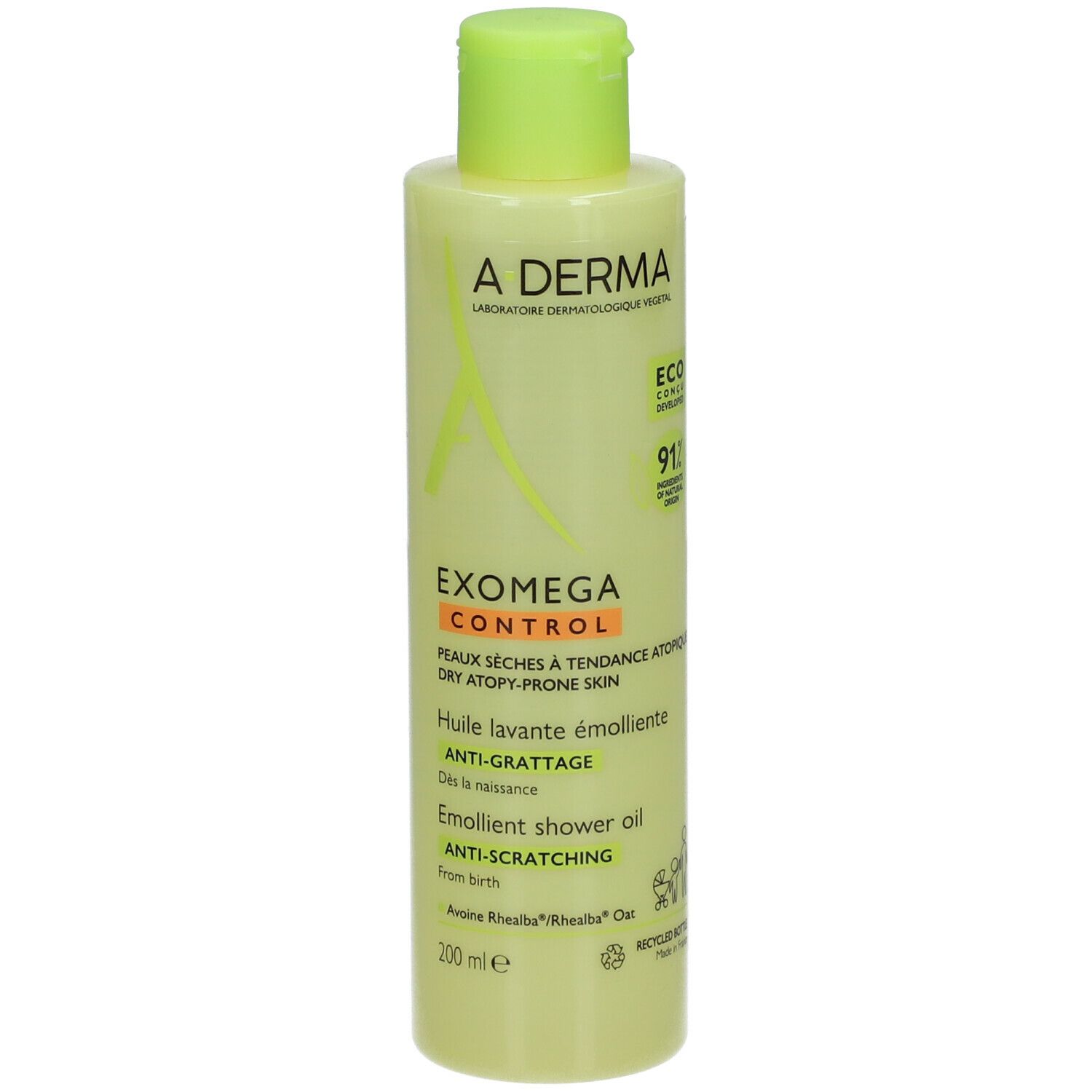 Flacone A-DERMA EXOMEGA CONTROL. Liquido verde-giallo, tappo verde. Testo: EXOMEGA CONTROL, Anti-graffio, 91% ingredienti di origine naturale.