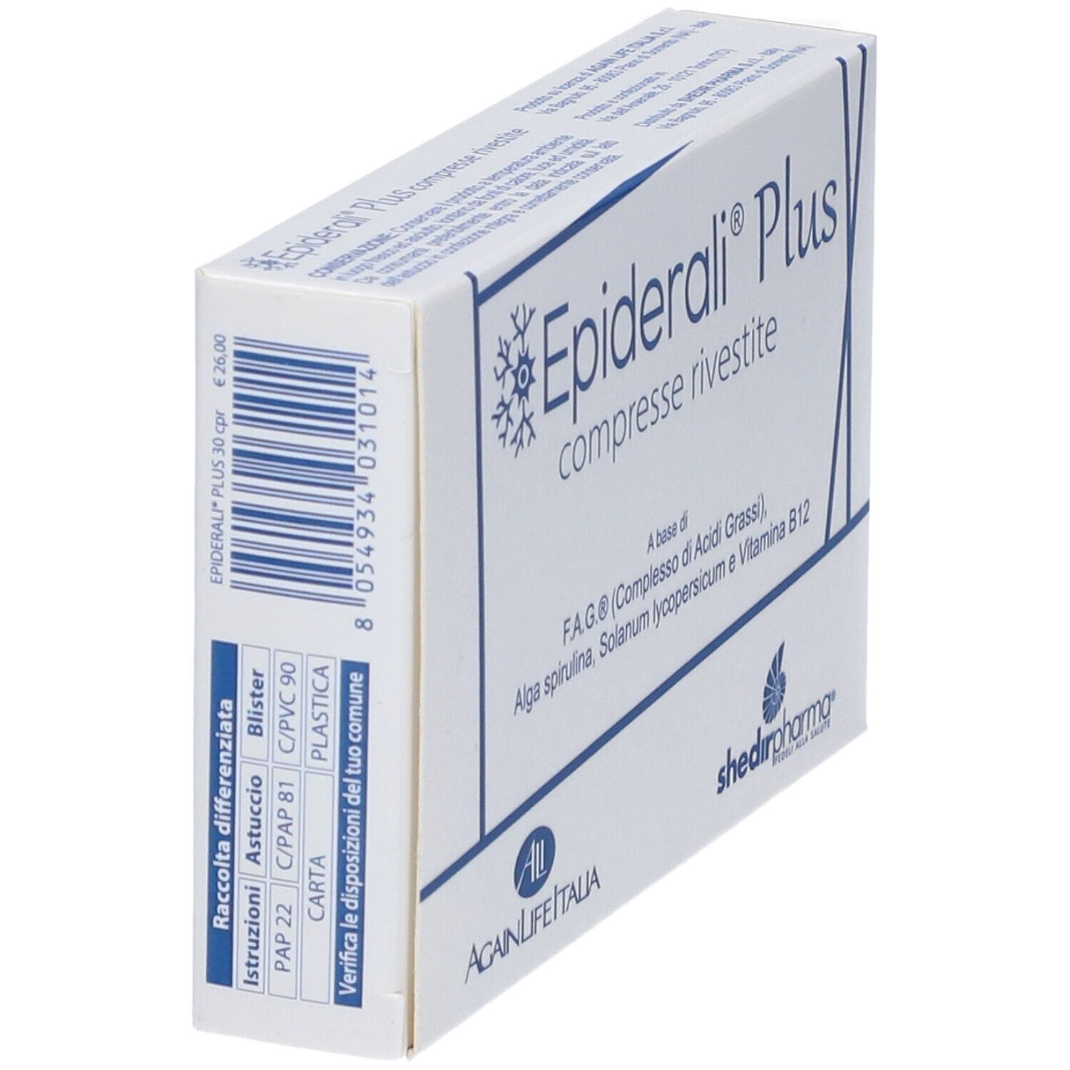 Confezione di compresse "Epiderali Plus". Scatola bianca con scritta blu. Contiene F.A.G., alghe, Solanum e vitamina B12.