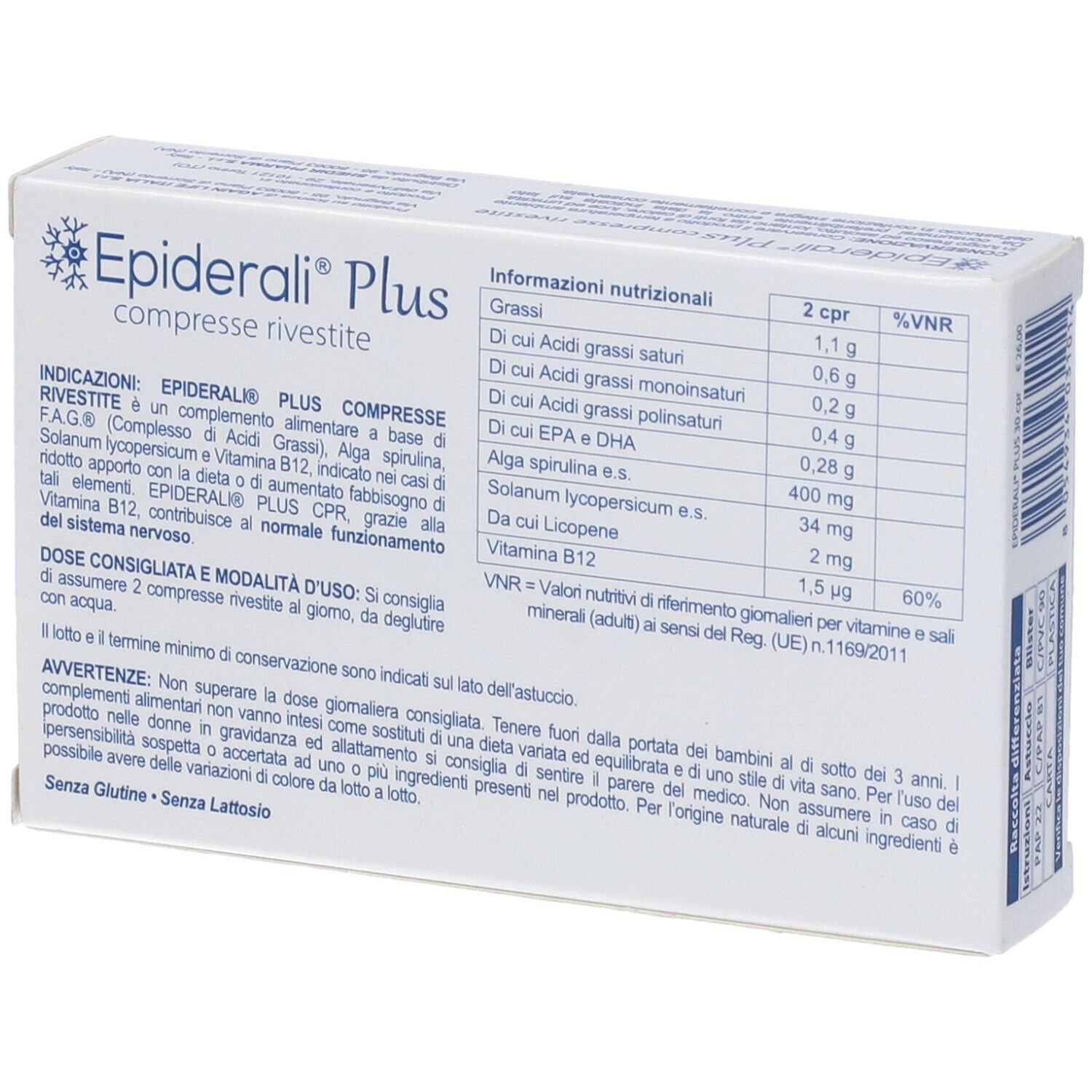 Retro della confezione "Epiderali Plus". Contiene informazioni nutrizionali e ingredienti. Testo bianco su sfondo bianco.