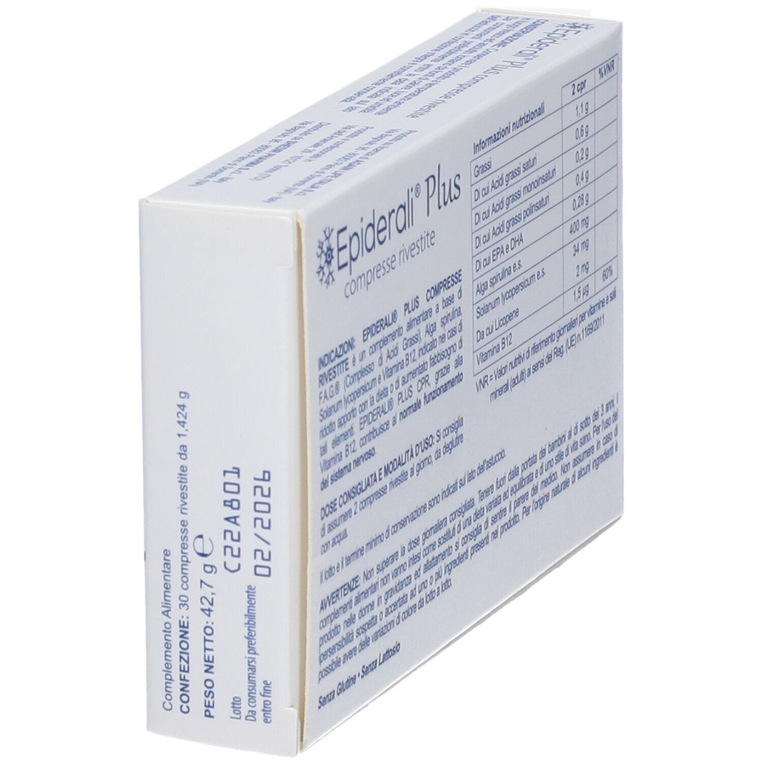 Vista laterale della confezione "Epiderali Plus". Contiene informazioni e data di scadenza. Scatola bianca.