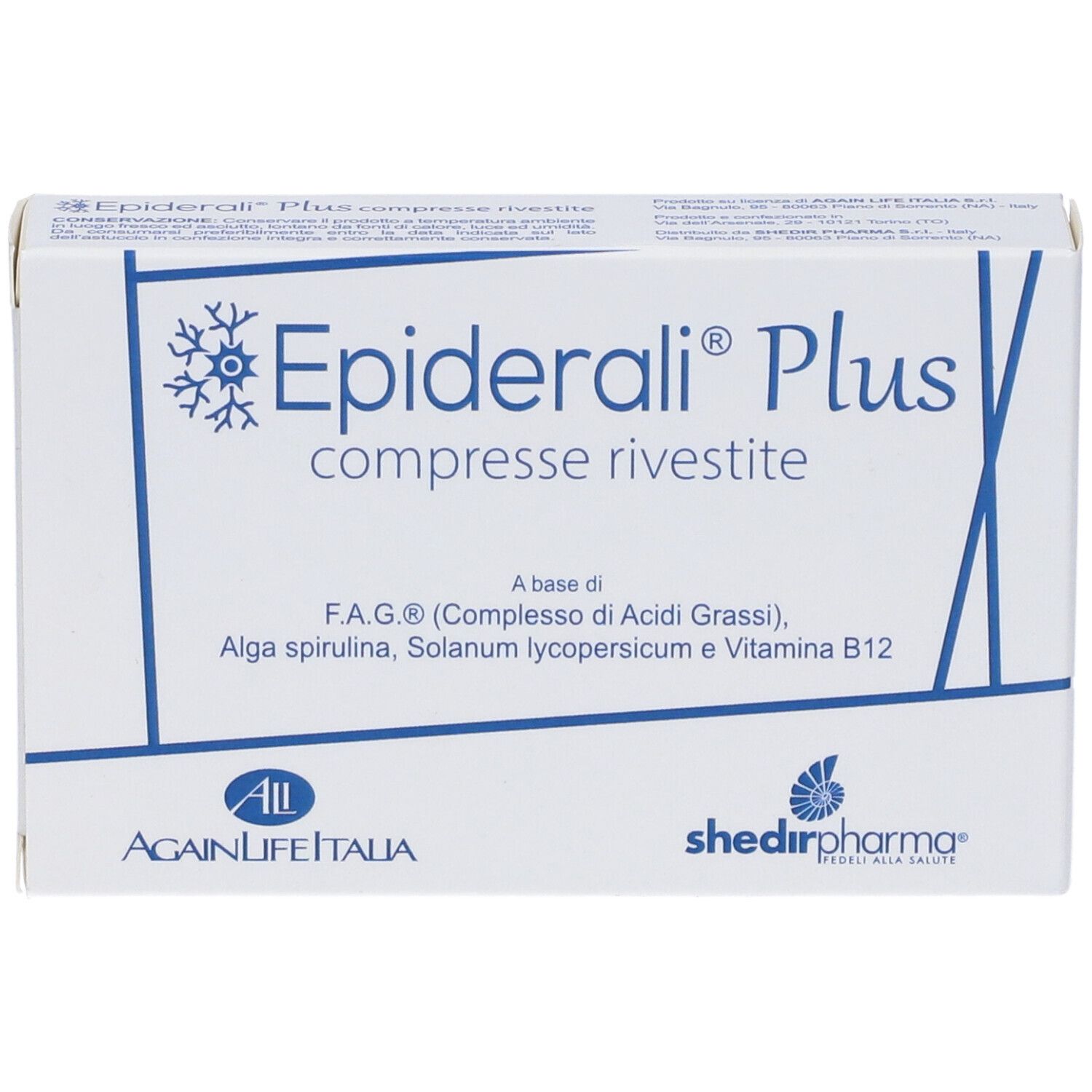 Vista frontale della confezione "Epiderali Plus". Scatola bianca con scritta blu. Contiene F.A.G., alghe, Solanum e vitamina B12.
