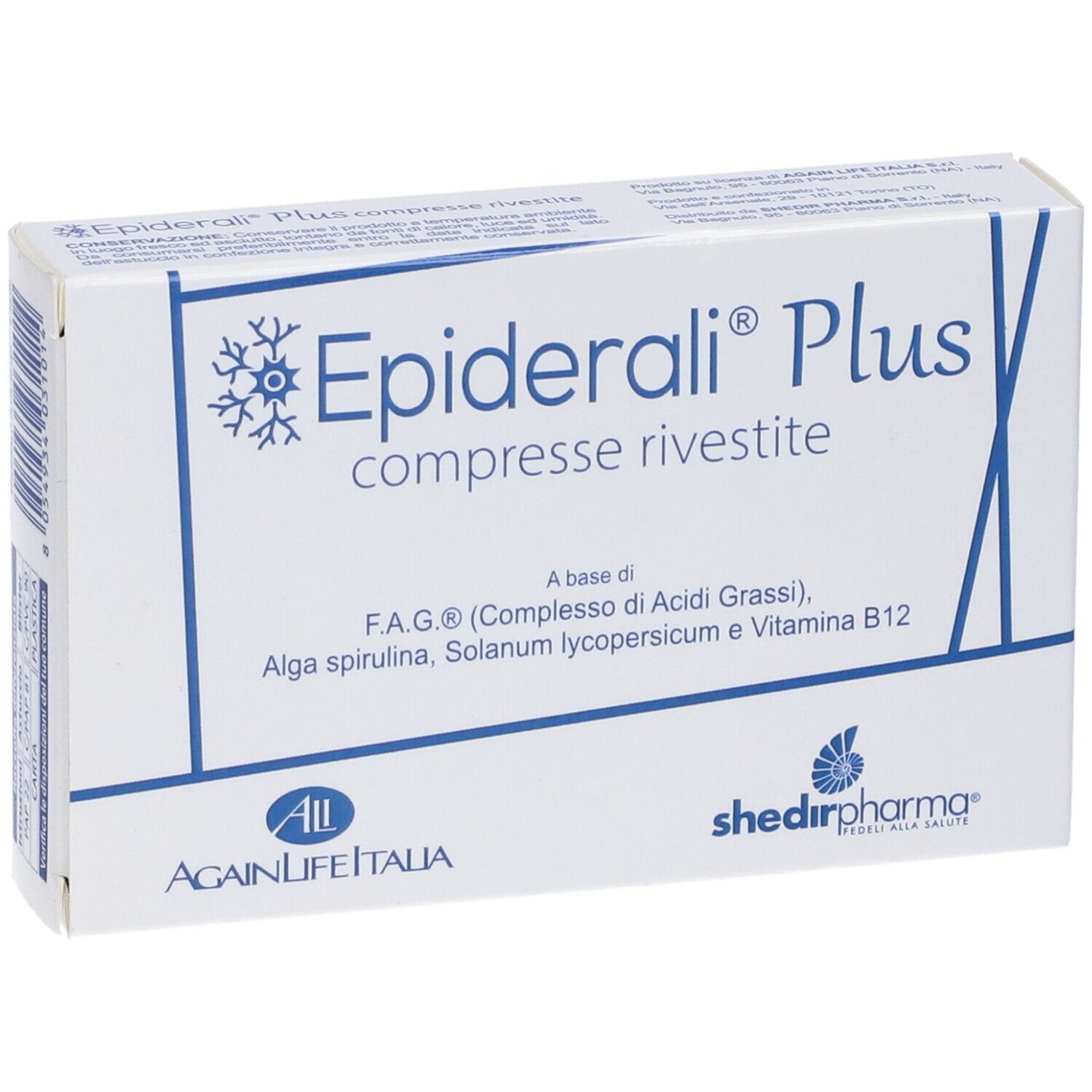 Vista frontale della confezione "Epiderali Plus". Scatola bianca con scritta blu. Contiene F.A.G., alghe, Solanum e vitamina B12.