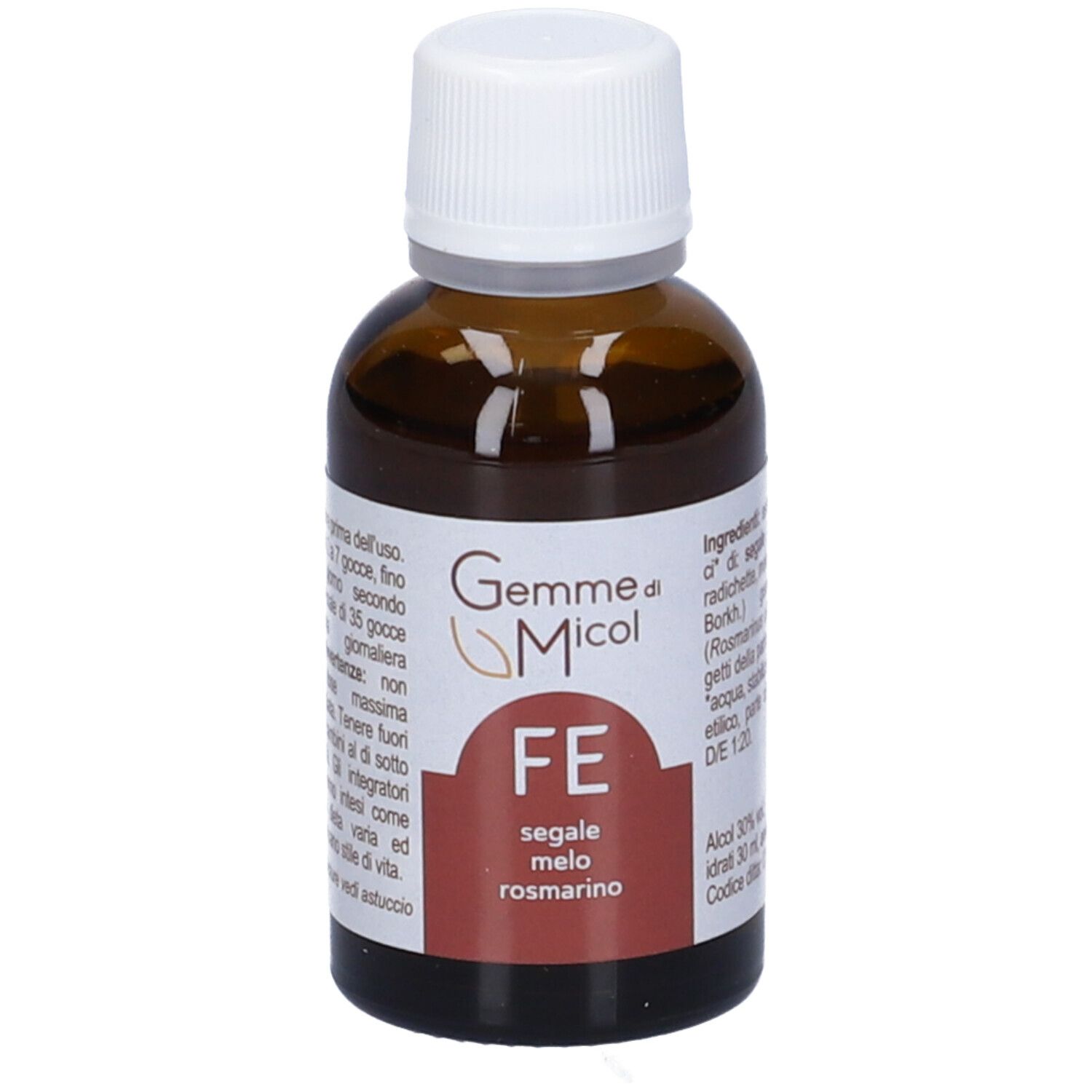 Flacone di vetro marrone con tappo bianco. Scritta: Gemme di Micol, FE. Etichetta con ingredienti.