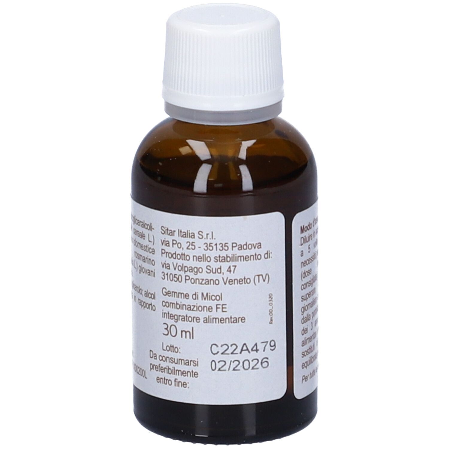 Flacone di vetro marrone con tappo bianco. Scritta: Gemme di Micol, FE. Etichetta con informazioni produttore.