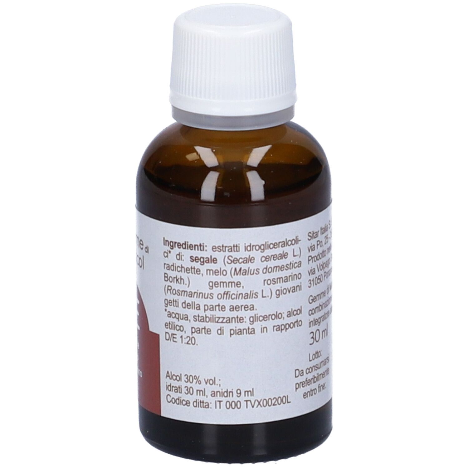 Flacone di vetro marrone con tappo bianco. Scritta: Gemme di Micol, FE. Etichetta con ingredienti e volume.