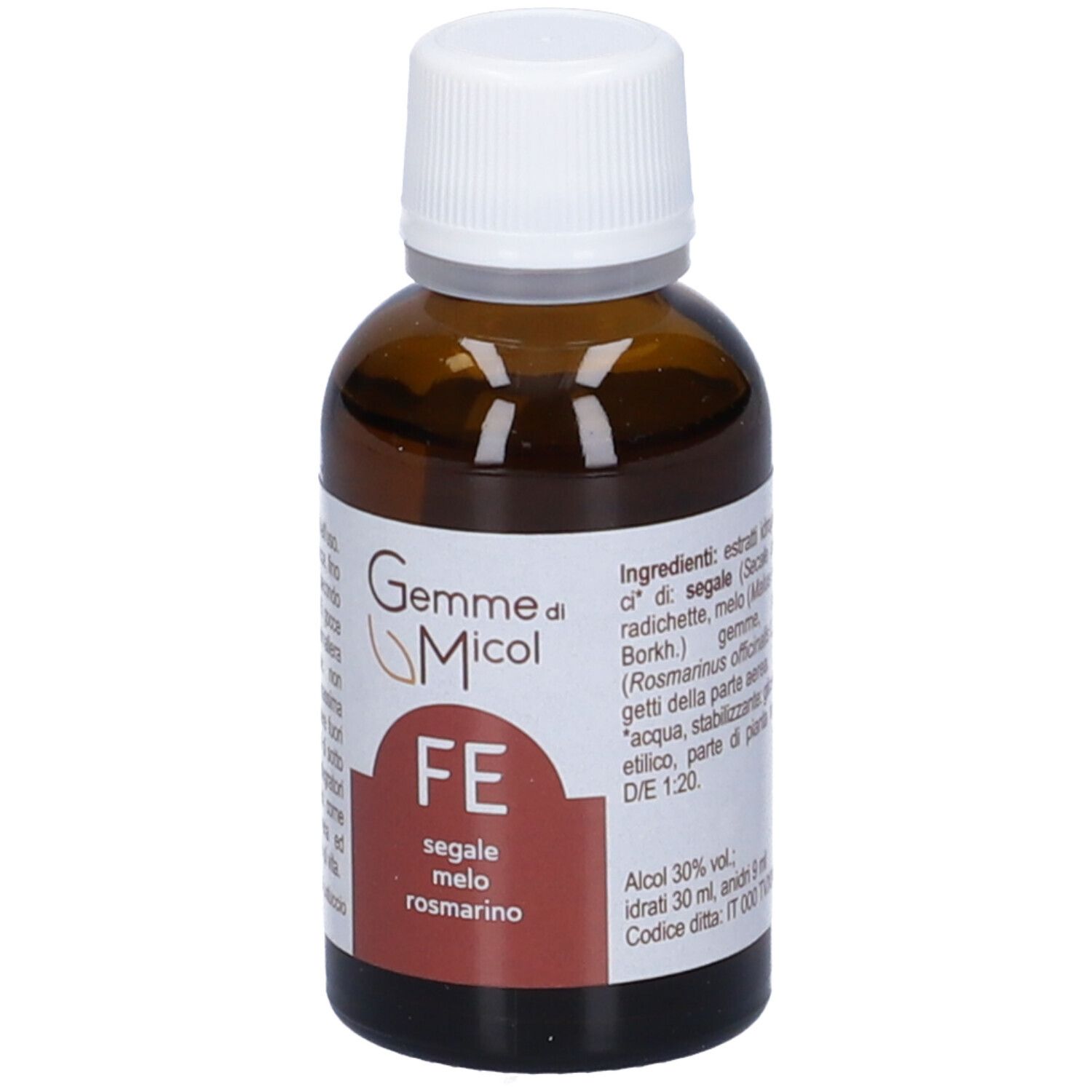 Flacone di vetro marrone con tappo bianco. Scritta: Gemme di Micol, FE. Etichetta con ingredienti.