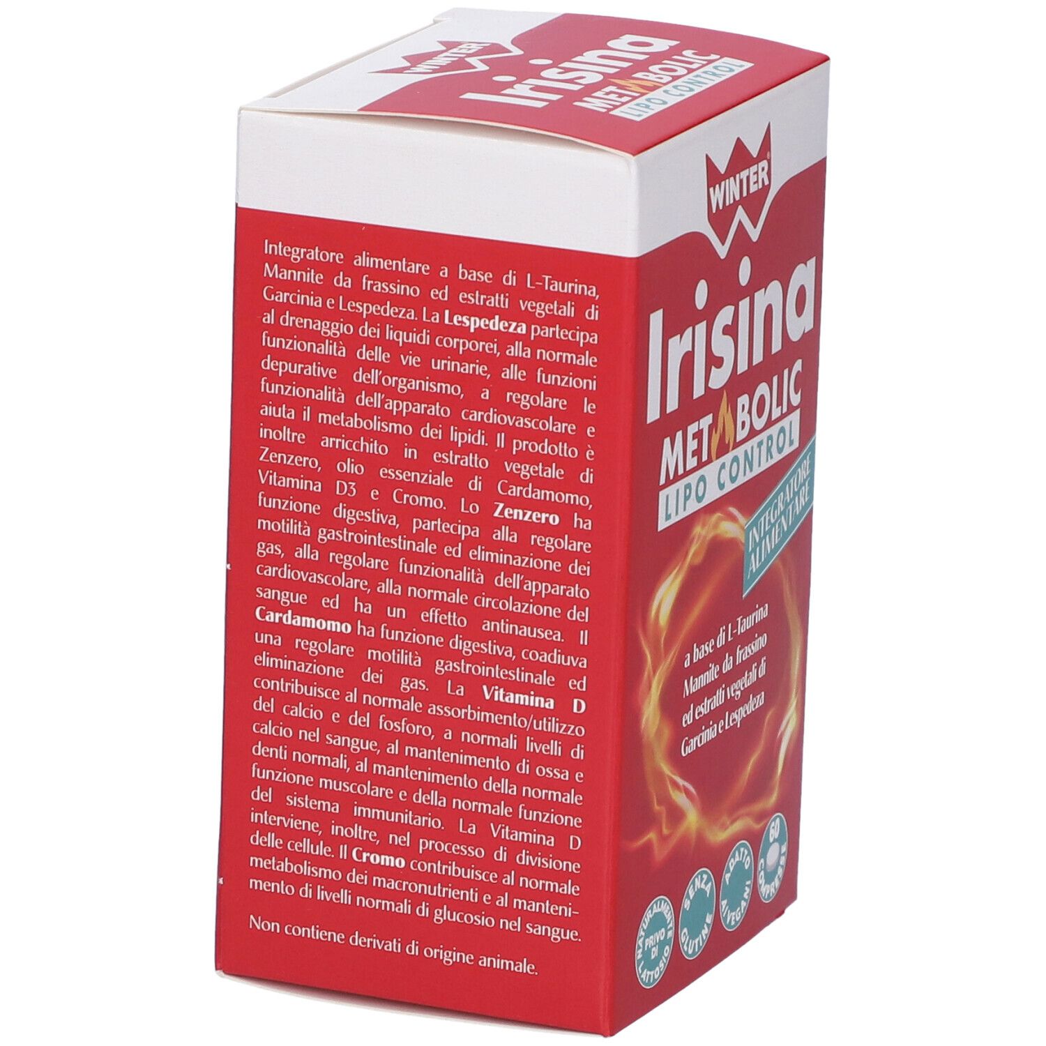 Scatola rossa con testo. WINTER Irisina Metabolic Lipo Control. Contiene ingredienti e informazioni sull'uso.