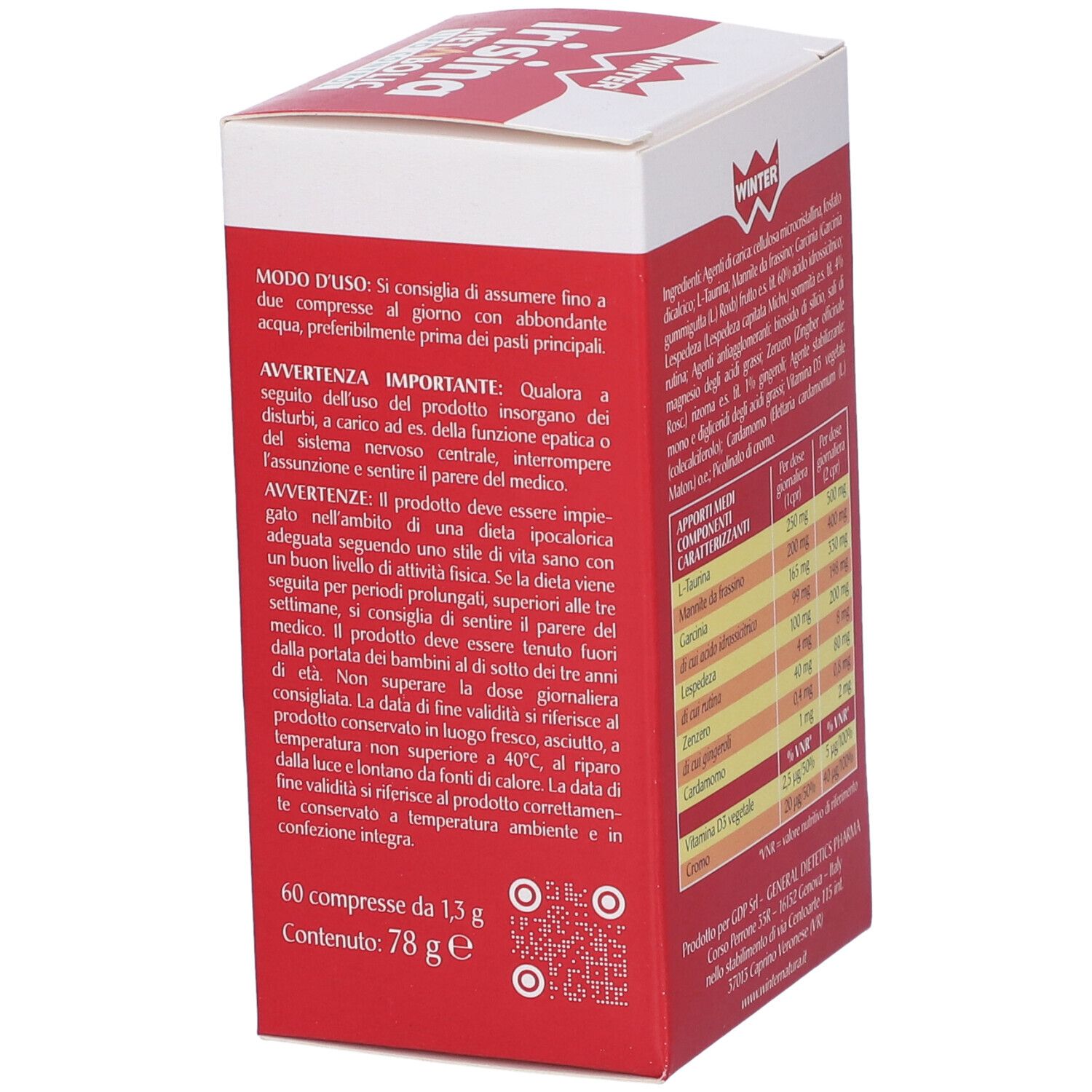 Scatola rossa con testo. WINTER Irisina Metabolic Lipo Control. Contiene informazioni sull'uso e avvertenze.