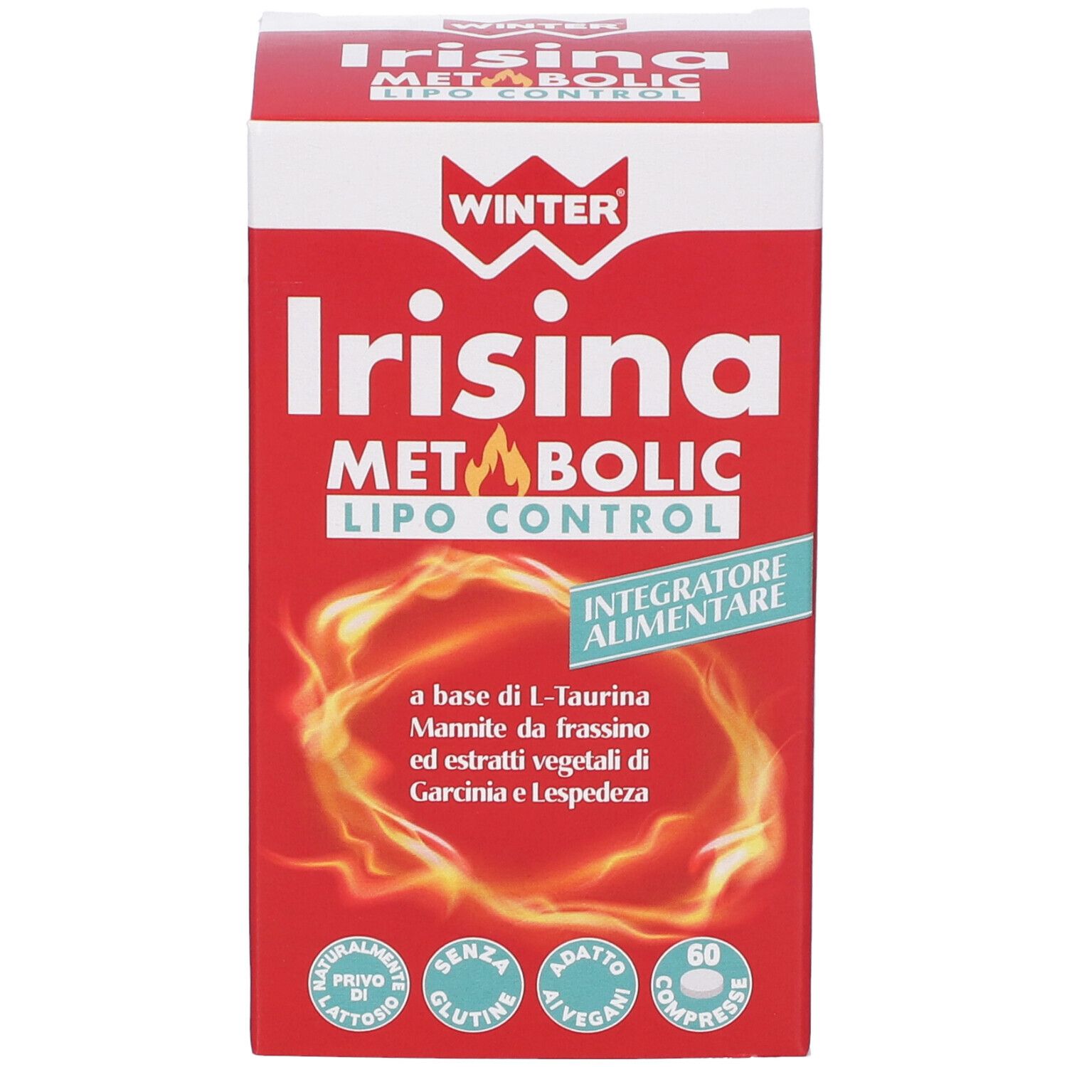 Scatola rossa Irisina Metabolic Lipo Control WINTER. Contiene 60 compresse. Scritto: Integratore Alimentare.
