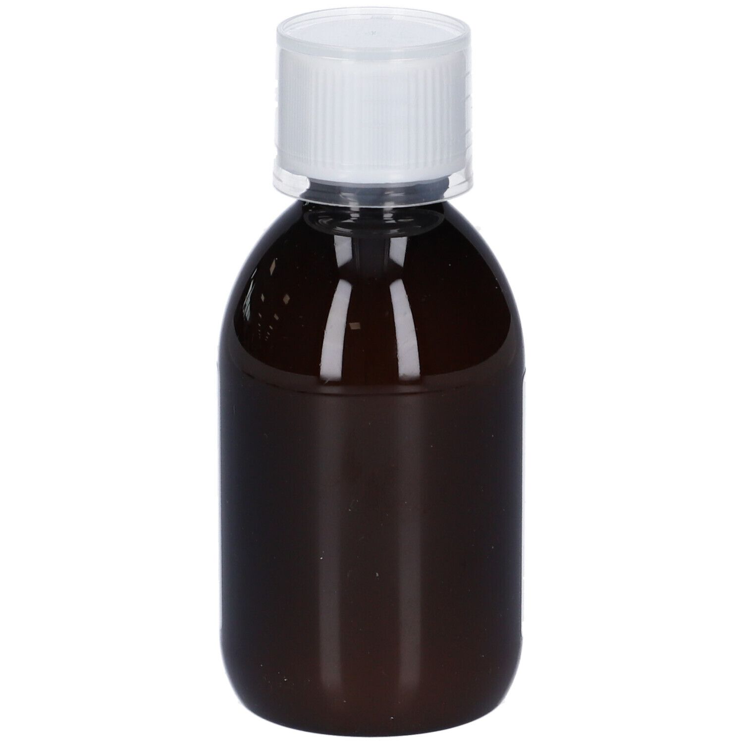 Flacone marrone con tappo bianco. Flacone in posizione verticale. Nessun altro dettaglio visibile.