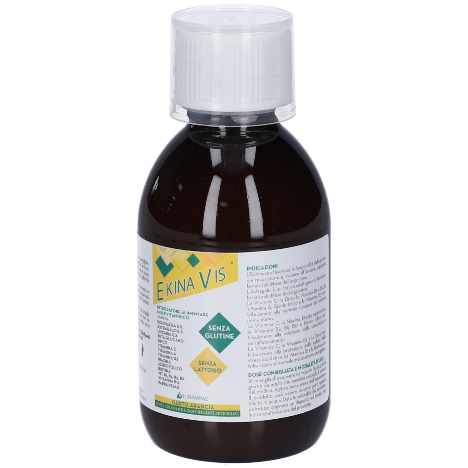 Flacone marrone con tappo bianco. Etichetta con nome del prodotto e ingredienti. Scritte 'SENZA GLUTINE' e 'SENZA LATTOSIO'.