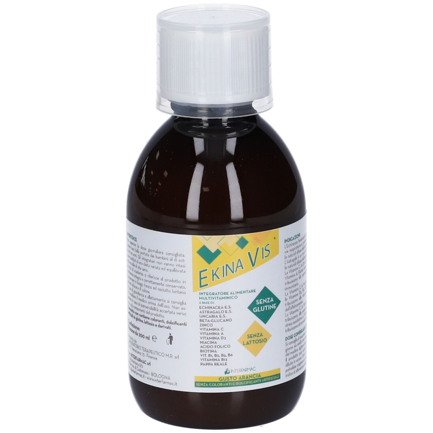 Flacone marrone con tappo bianco. Etichetta con nome del prodotto e ingredienti. Scritte 'SENZA GLUTINE' e 'SENZA LATTOSIO'.