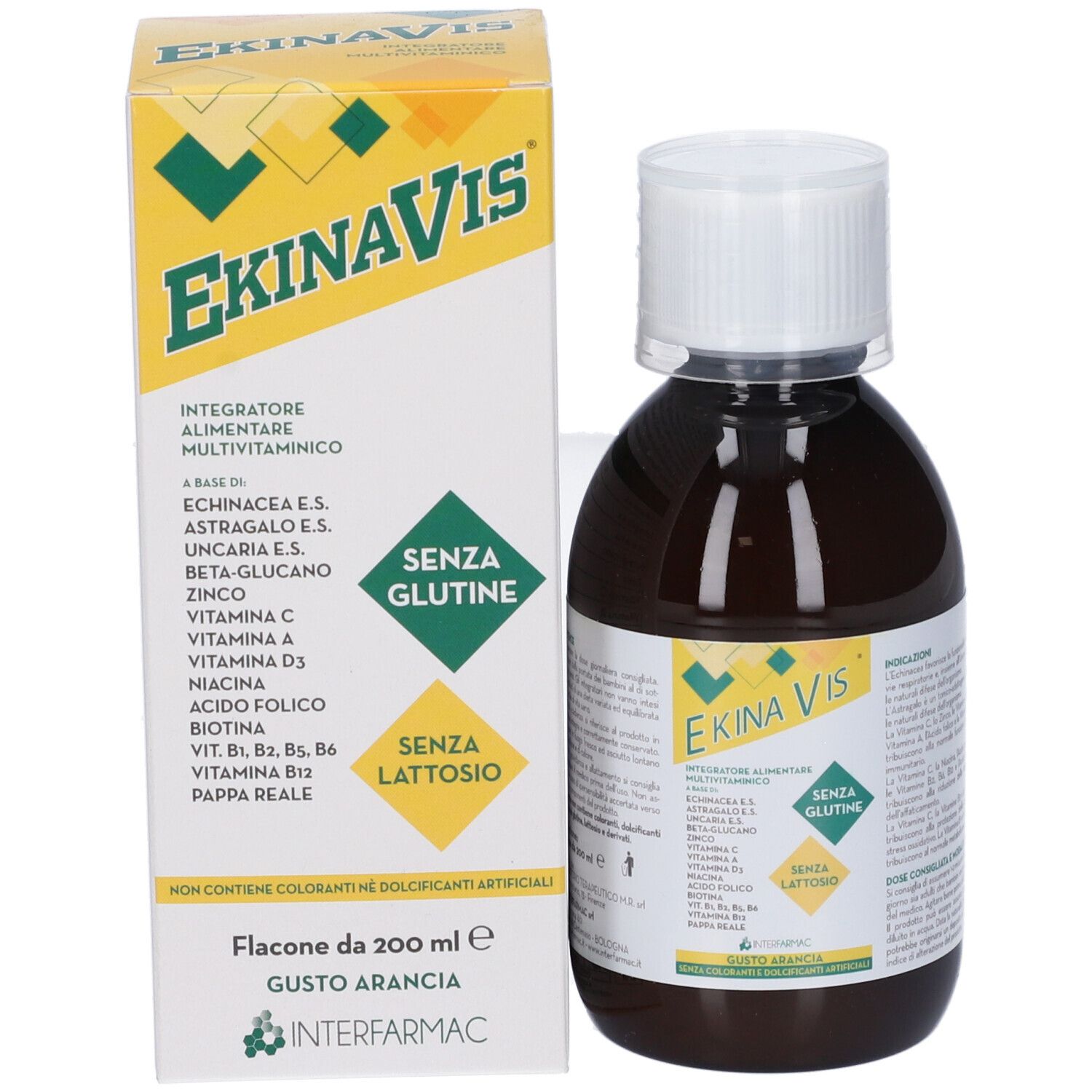 Flacone e confezione del prodotto. Flacone marrone con tappo bianco. Confezione gialla con nome e ingredienti. 'SENZA GLUTINE'.