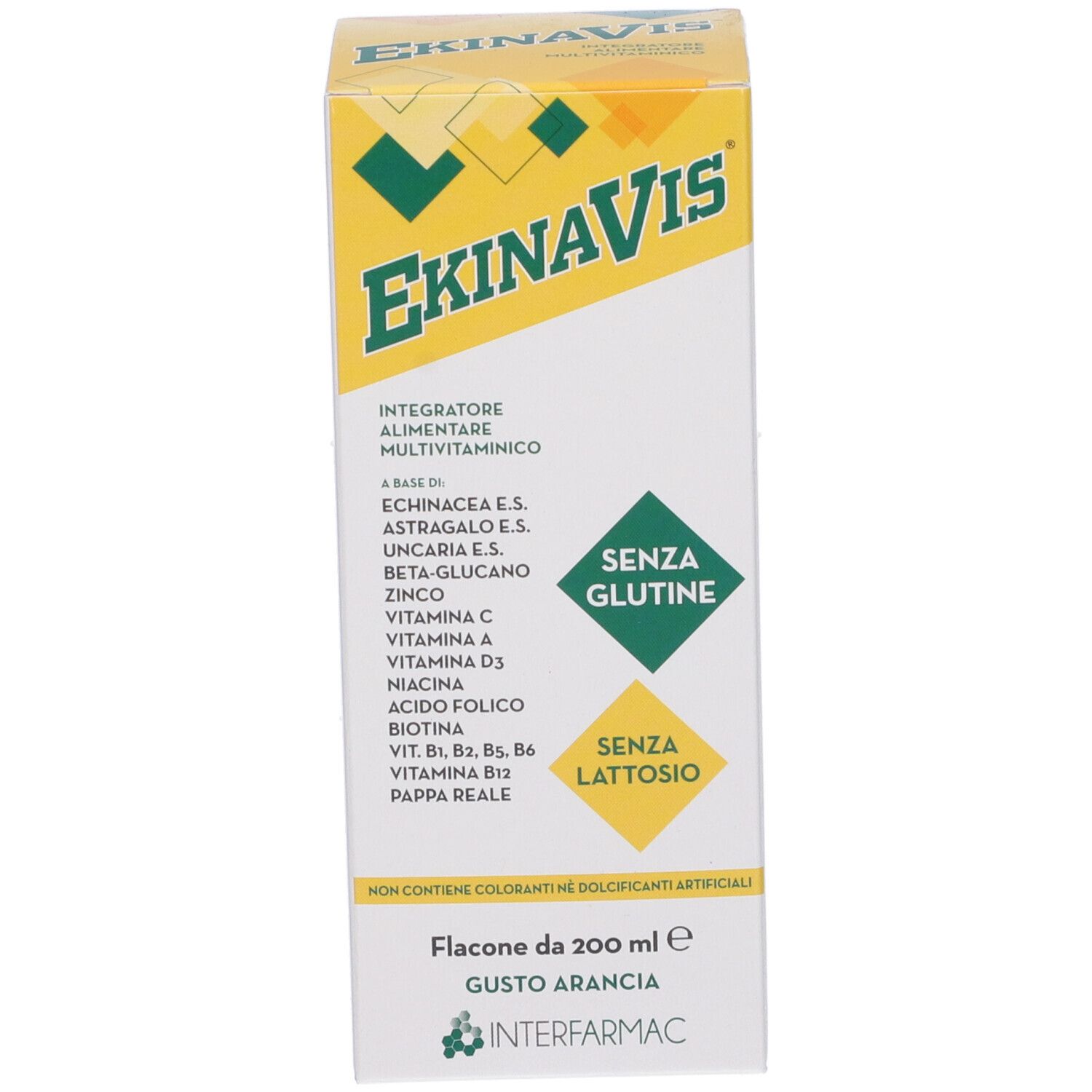 Confezione gialla del prodotto. Nome del prodotto e ingredienti. Scritte 'SENZA GLUTINE' e 'SENZA LATTOSIO'.