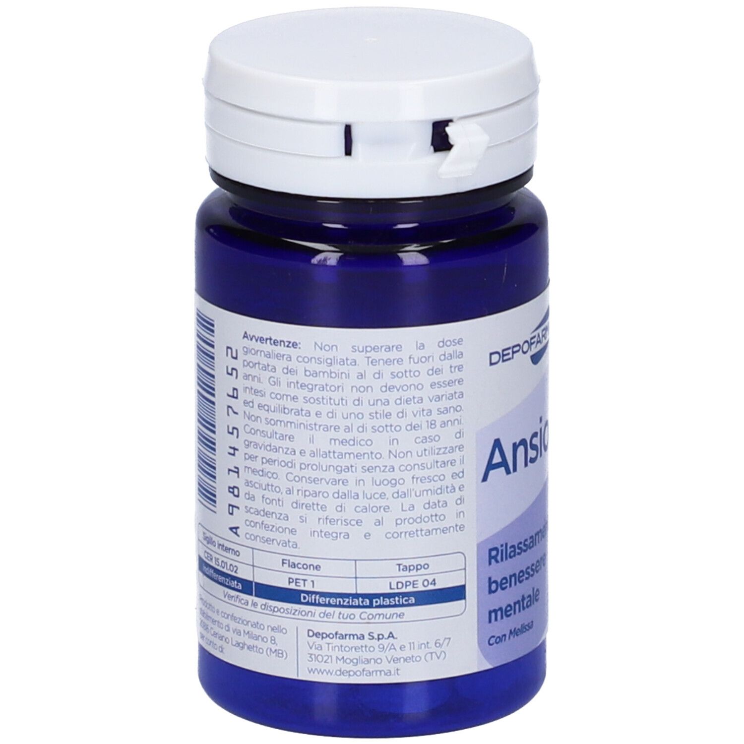 Flacone blu con coperchio bianco. Retro con testo. Materiale flacone: PET 1. Materiale coperchio: LDPE 04.