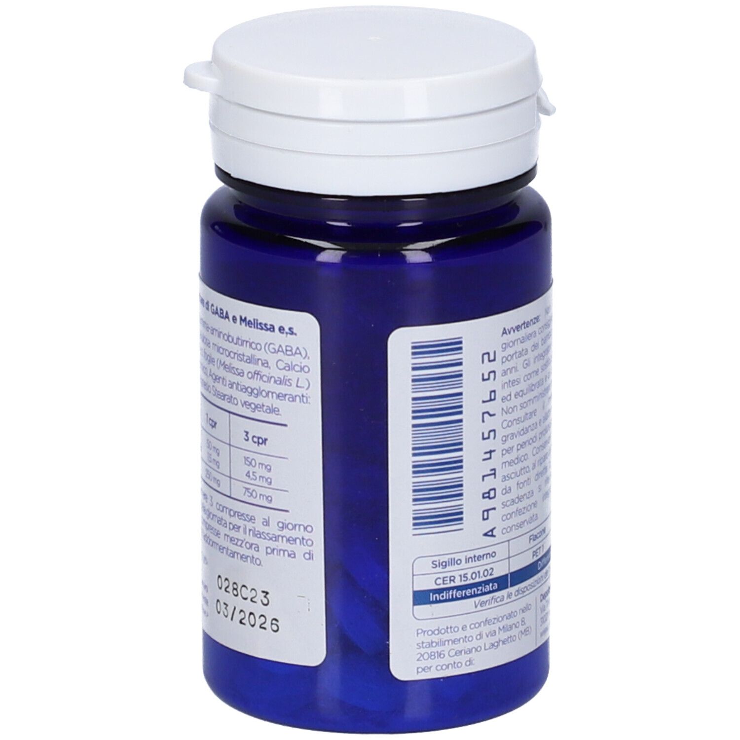 Flacone blu con coperchio bianco. Scritta: Ansiodorm. Etichetta con ingredienti e scadenza 03/2025.