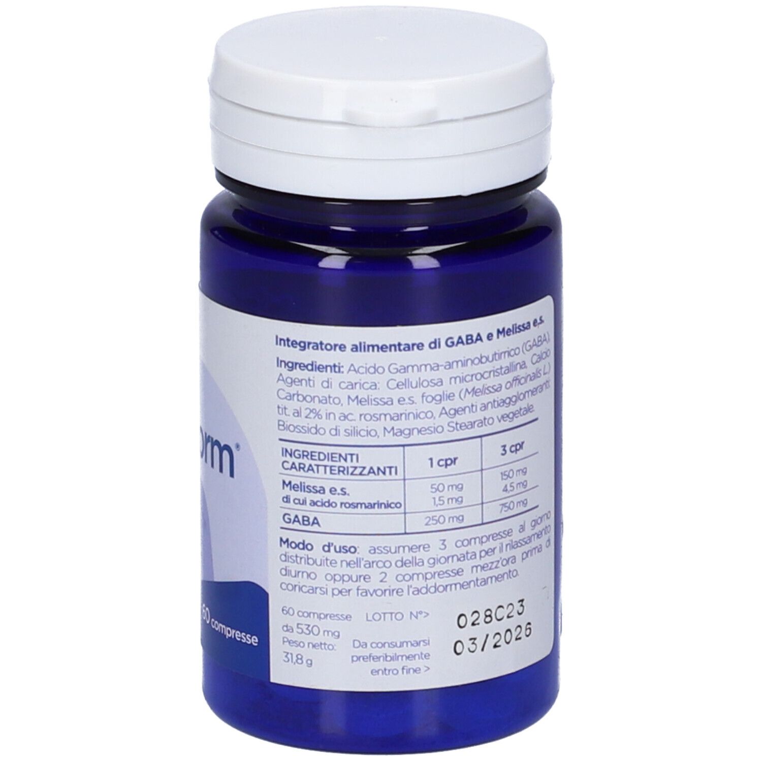 Flacone blu con coperchio bianco. Scritta: Ansiodorm, 60 compresse. Etichetta con ingredienti.