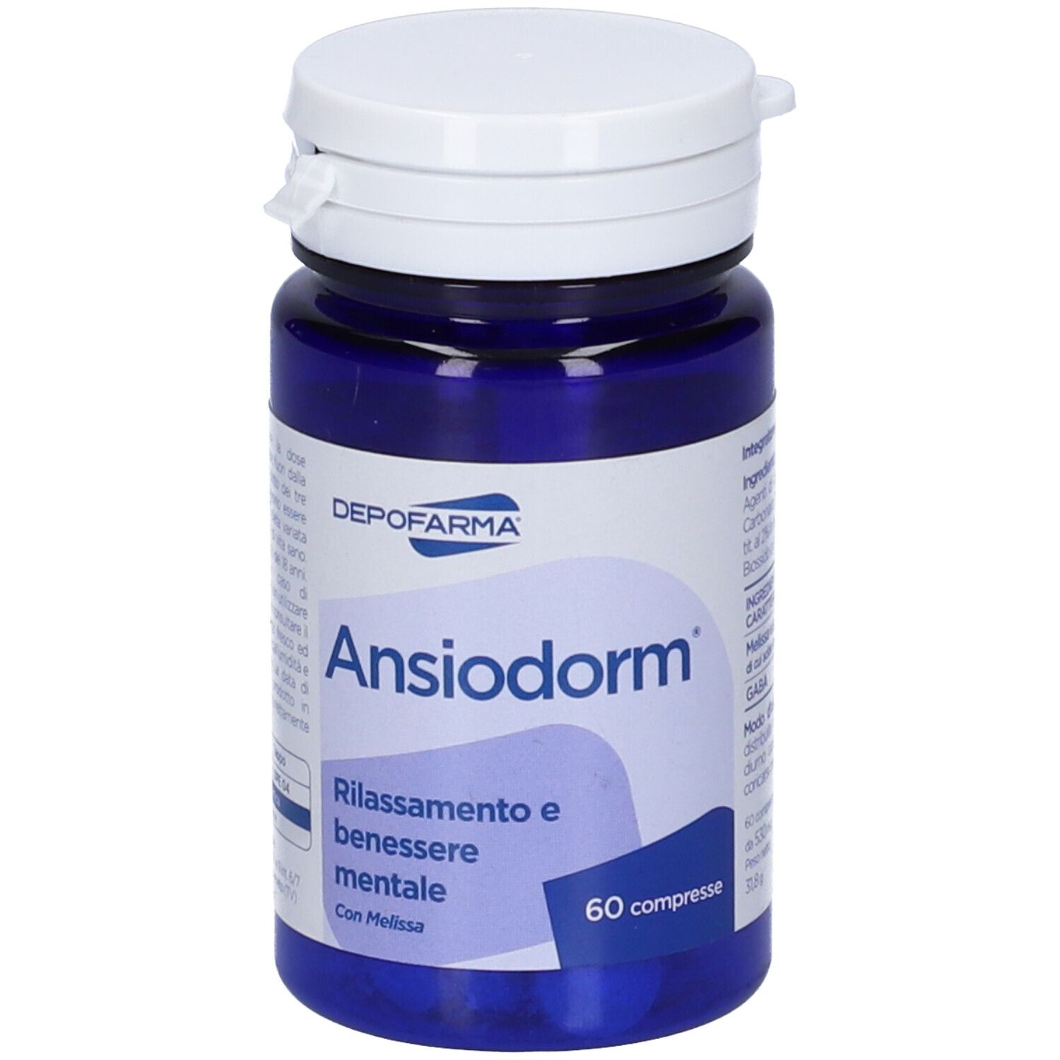 Flacone blu con coperchio bianco. Scritta: Ansiodorm, 60 compresse. Testo: Rilassamento e benessere mentale con Melissa.