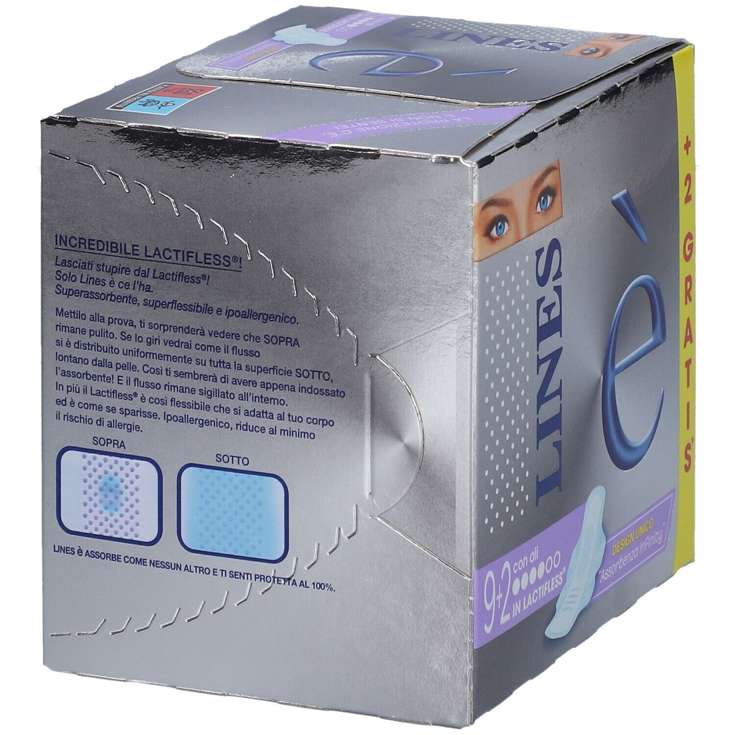 Confezione di LINES è Ali. Scatola argentata con immagine del prodotto e testo. Contiene 9+2 pezzi.