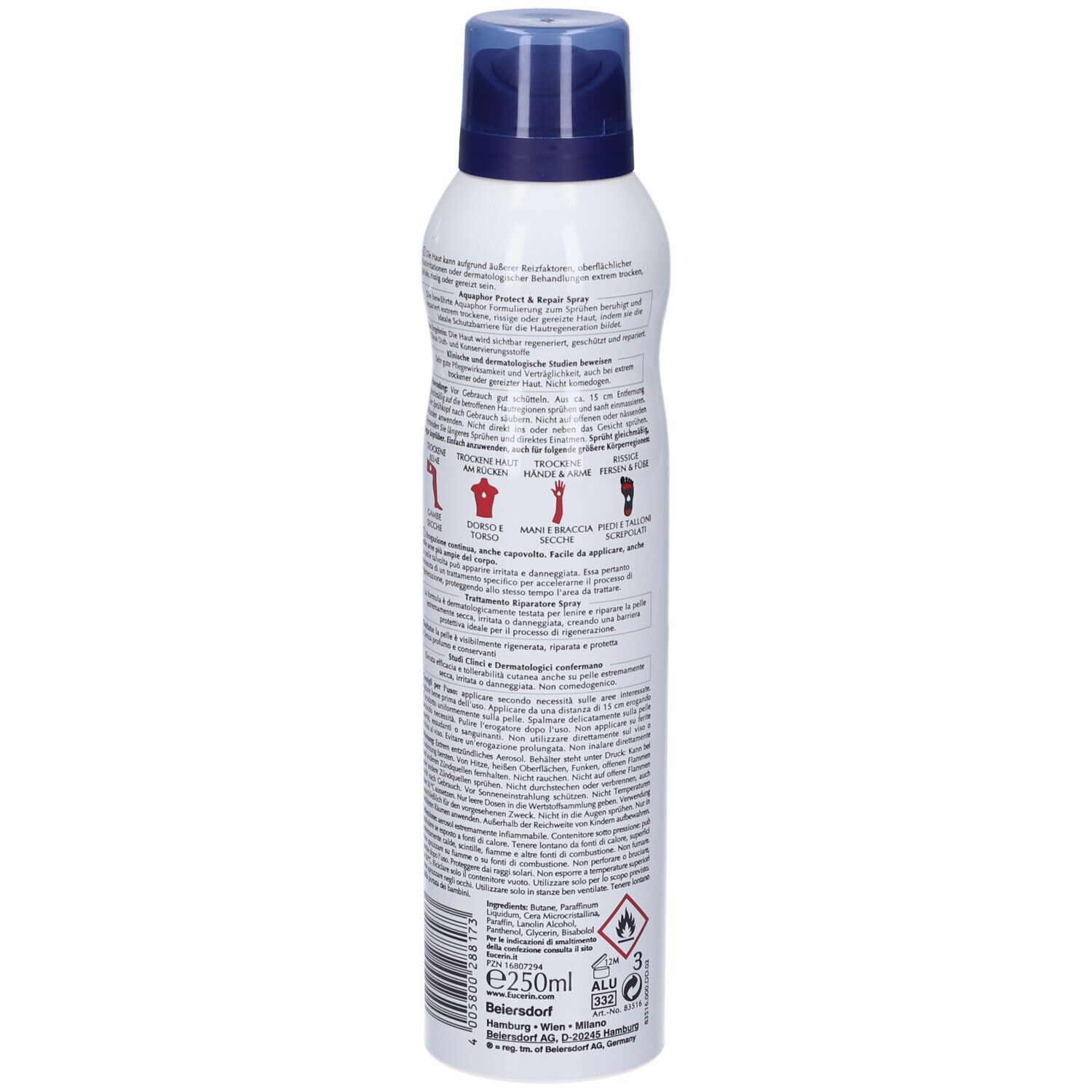 Retro del flacone spray. Testo: Eucerin, Aquaphor, Protect & Repair Spray. Ingredienti, istruzioni per l'uso. Codice a barre e avvertenze.