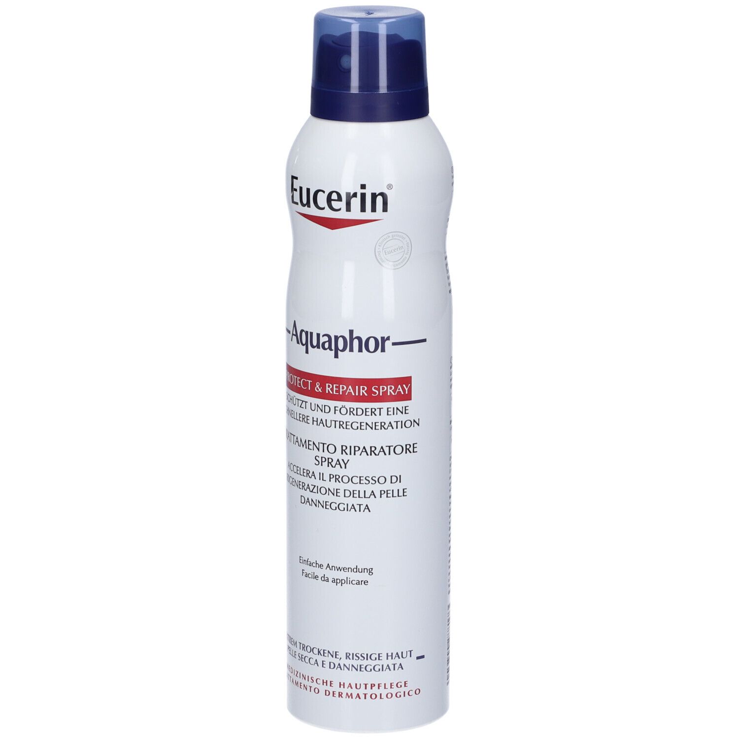 Flacone spray bianco-blu. Testo: Eucerin, Aquaphor, Protect & Repair Spray. Scritte in tedesco e italiano. Tappo blu.