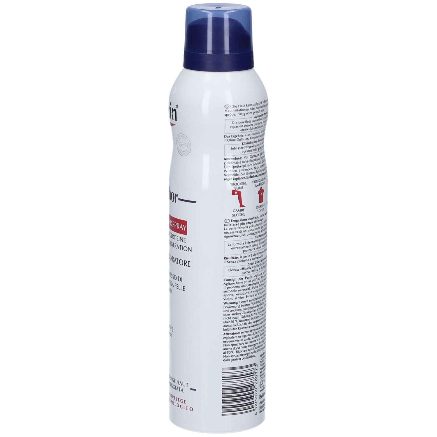 Flacone spray bianco-blu. Testo: Eucerin, Aquaphor, Protect & Repair Spray. Scritte in tedesco e italiano. Tappo blu.