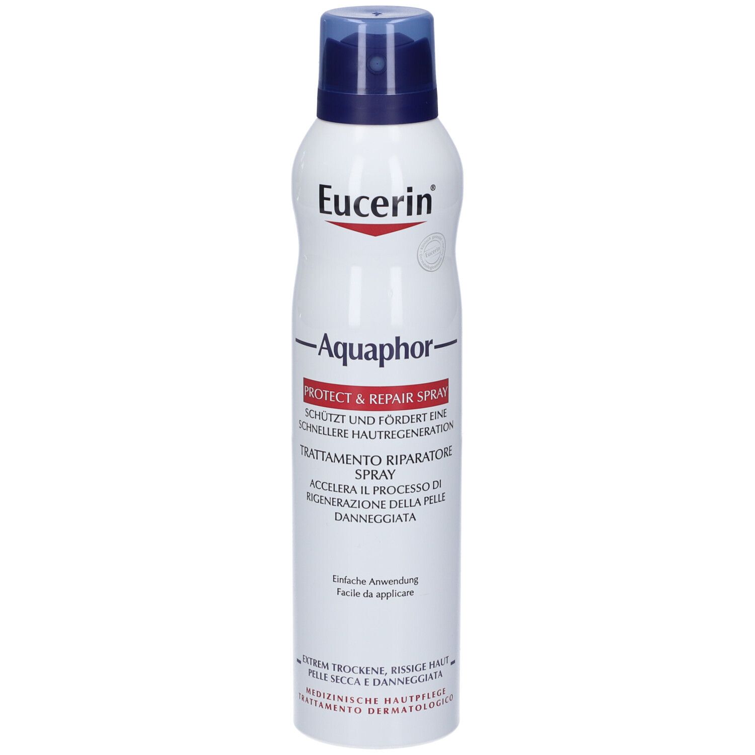 Flacone spray bianco-blu. Testo: Eucerin, Aquaphor, Protect & Repair Spray. Scritte in tedesco e italiano. Tappo blu.