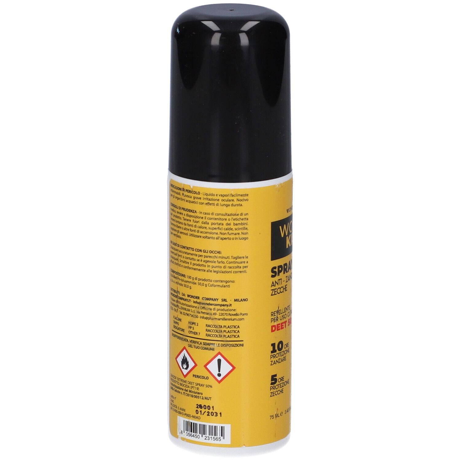 Retro di un flacone spray giallo con tappo nero. Testo in italiano. Avvertenze e simboli di pericolo visibili.