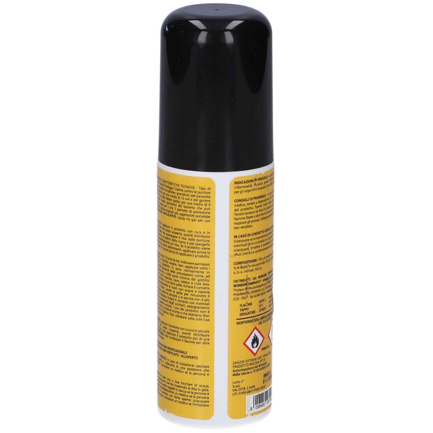 Retro di un flacone spray giallo con tappo nero. Testo in italiano. Informazioni sul prodotto e avvertenze.