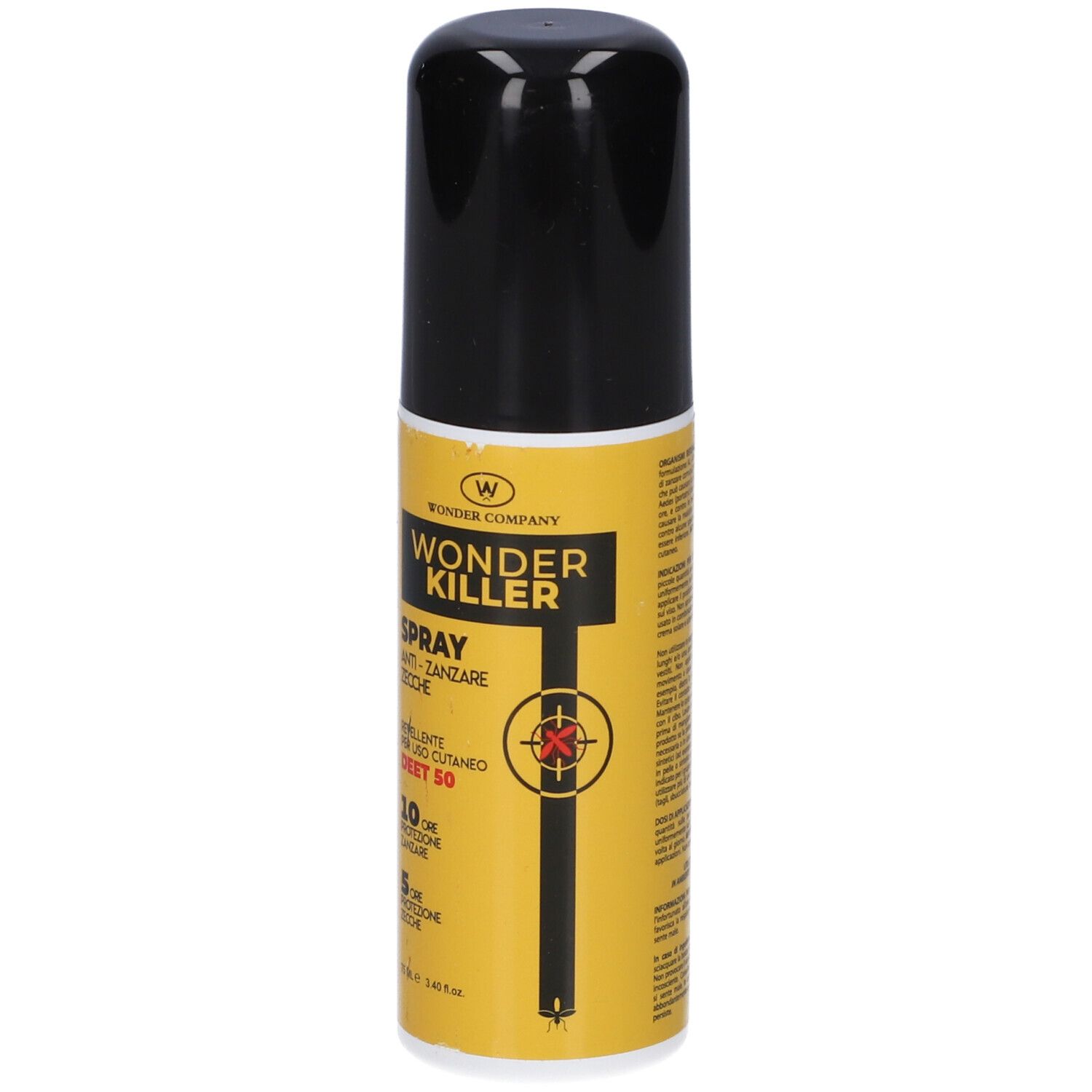 Flacone spray giallo con tappo nero. Scritta: WONDER KILLER SPRAY, DEET 50. Protezione 10 ore contro le zanzare e 5 ore contro le zecche.