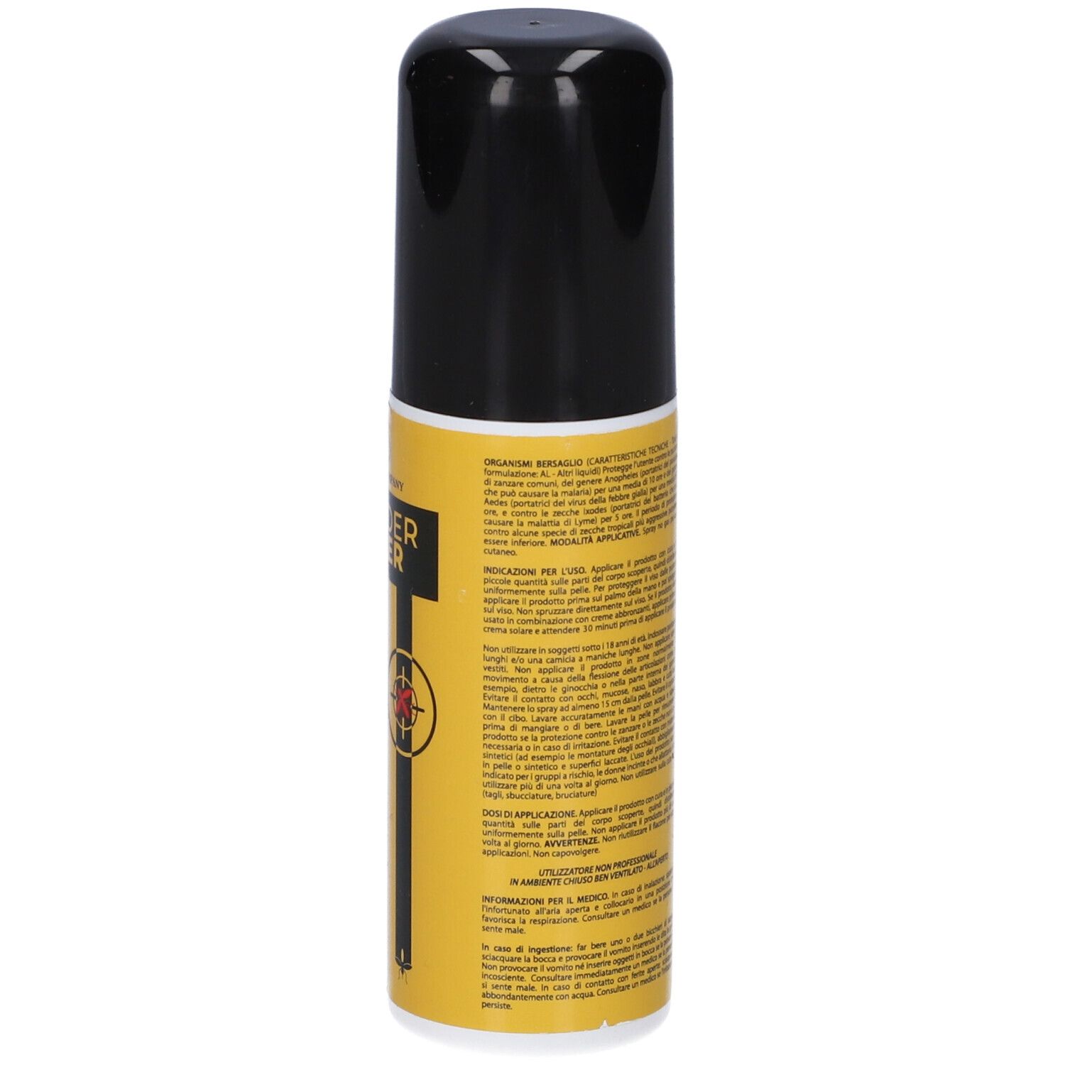 Retro di un flacone spray giallo con tappo nero. Testo in italiano. Informazioni sull'uso e avvertenze.