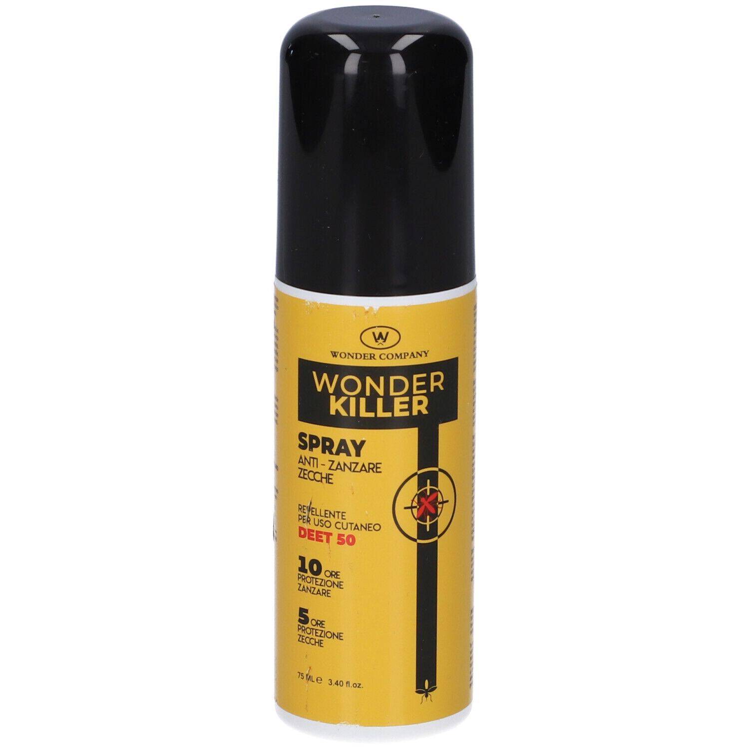 Flacone spray giallo con tappo nero. Scritta: WONDER KILLER SPRAY, DEET 50. Protezione 10 ore contro le zanzare e 5 ore contro le zecche.