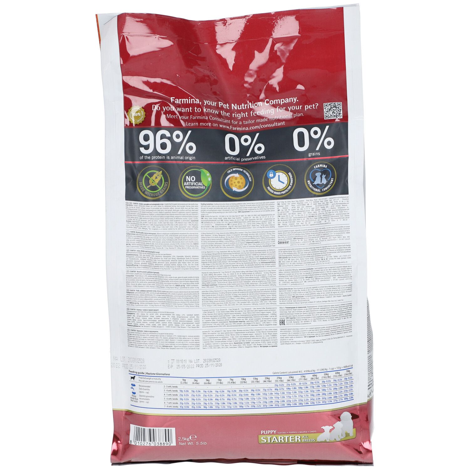 Retro del sacchetto di cibo per cuccioli Farmina N&D Pumpkin. Testo: 96% origine animale, 0% conservanti artificiali, 0% cereali.