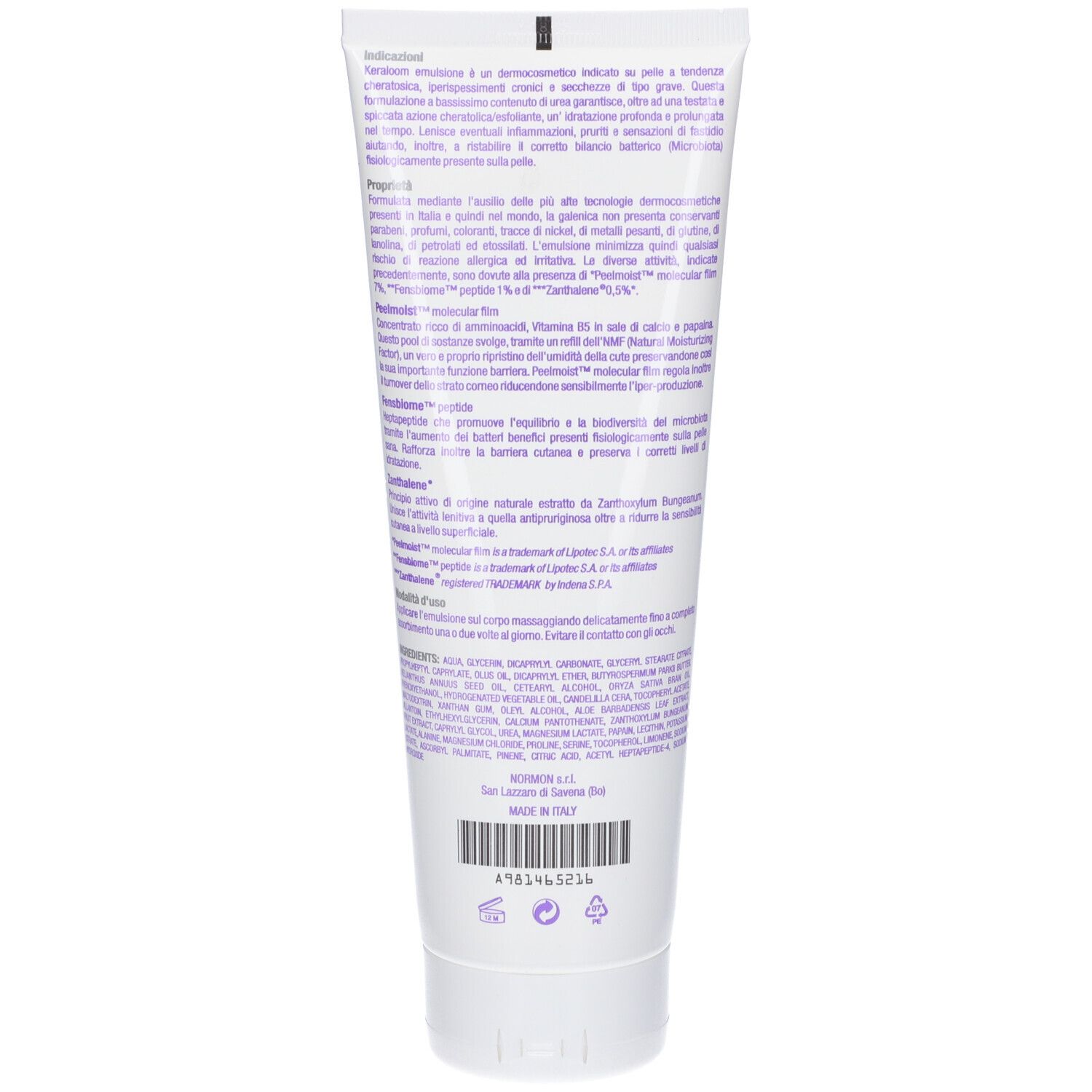 Retro di un tubo bianco. Testo in italiano. Contiene informazioni sugli ingredienti e l'uso.