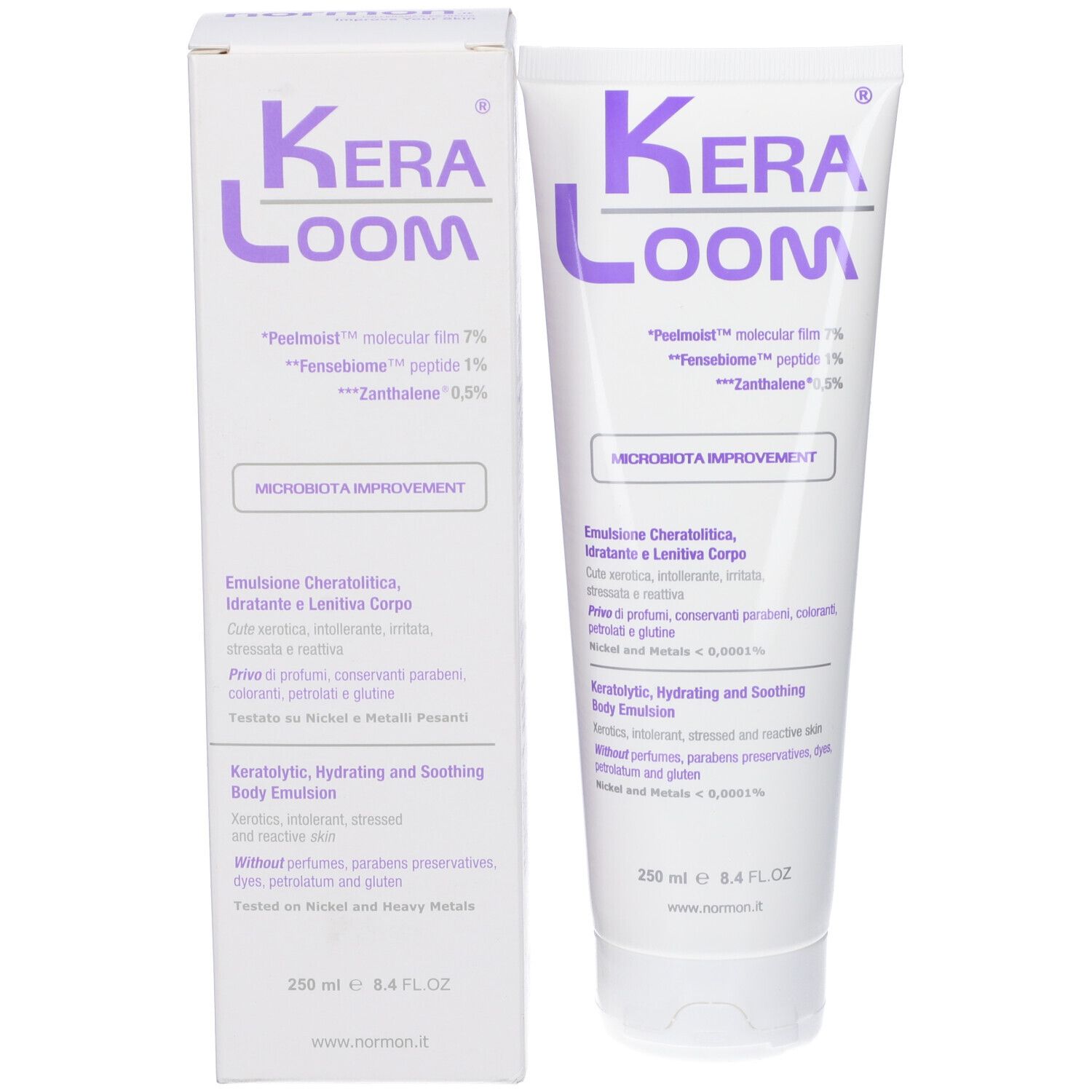 Confezione del prodotto con tubo e scatola. Entrambi con scritta viola KeraLoom. Contiene emulsione.