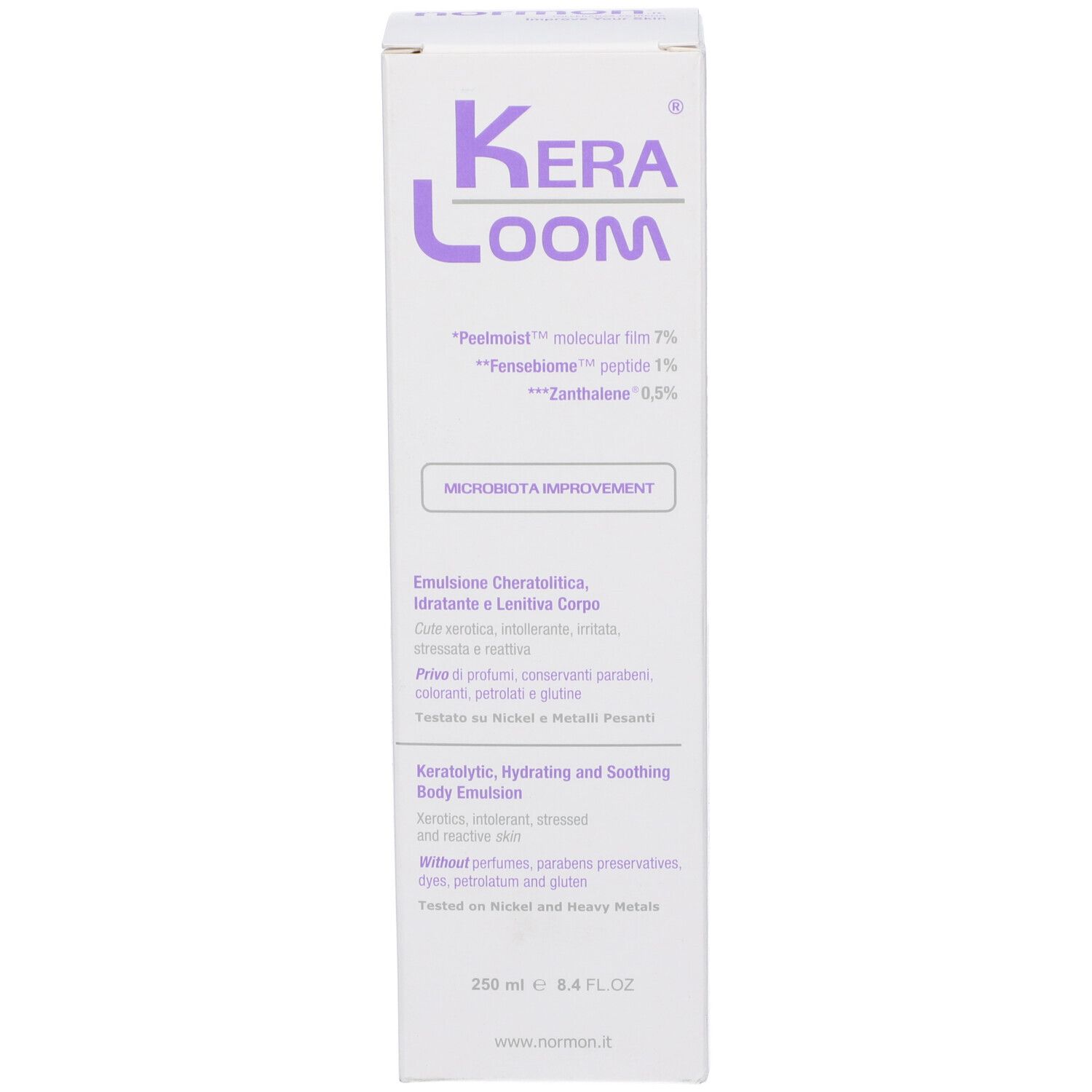 Scatola bianca con scritta viola KeraLoom. Contiene emulsione. Testo: Cheratolitica, idratante e lenitiva.