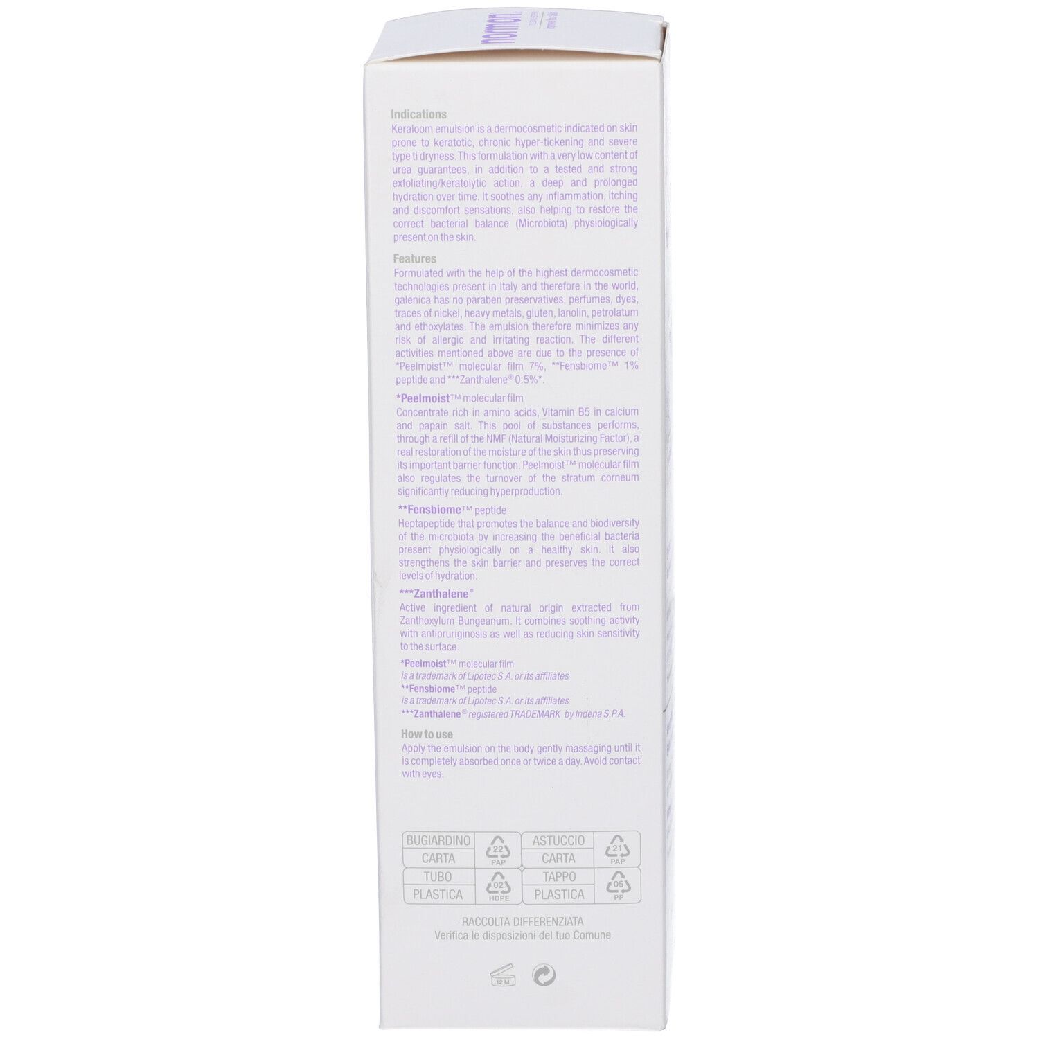 Scatola bianca con testo in italiano. Contiene informazioni sugli ingredienti e l'uso.