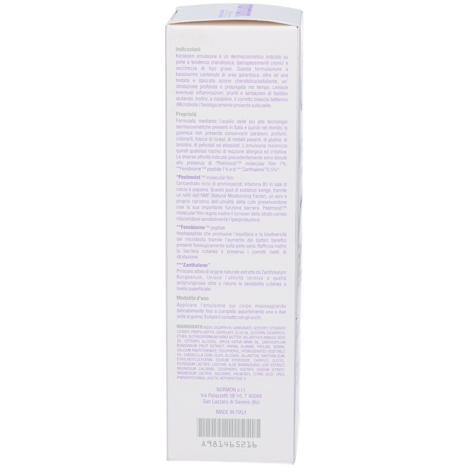 Scatola bianca con testo in italiano. Contiene informazioni sugli ingredienti e l'uso.