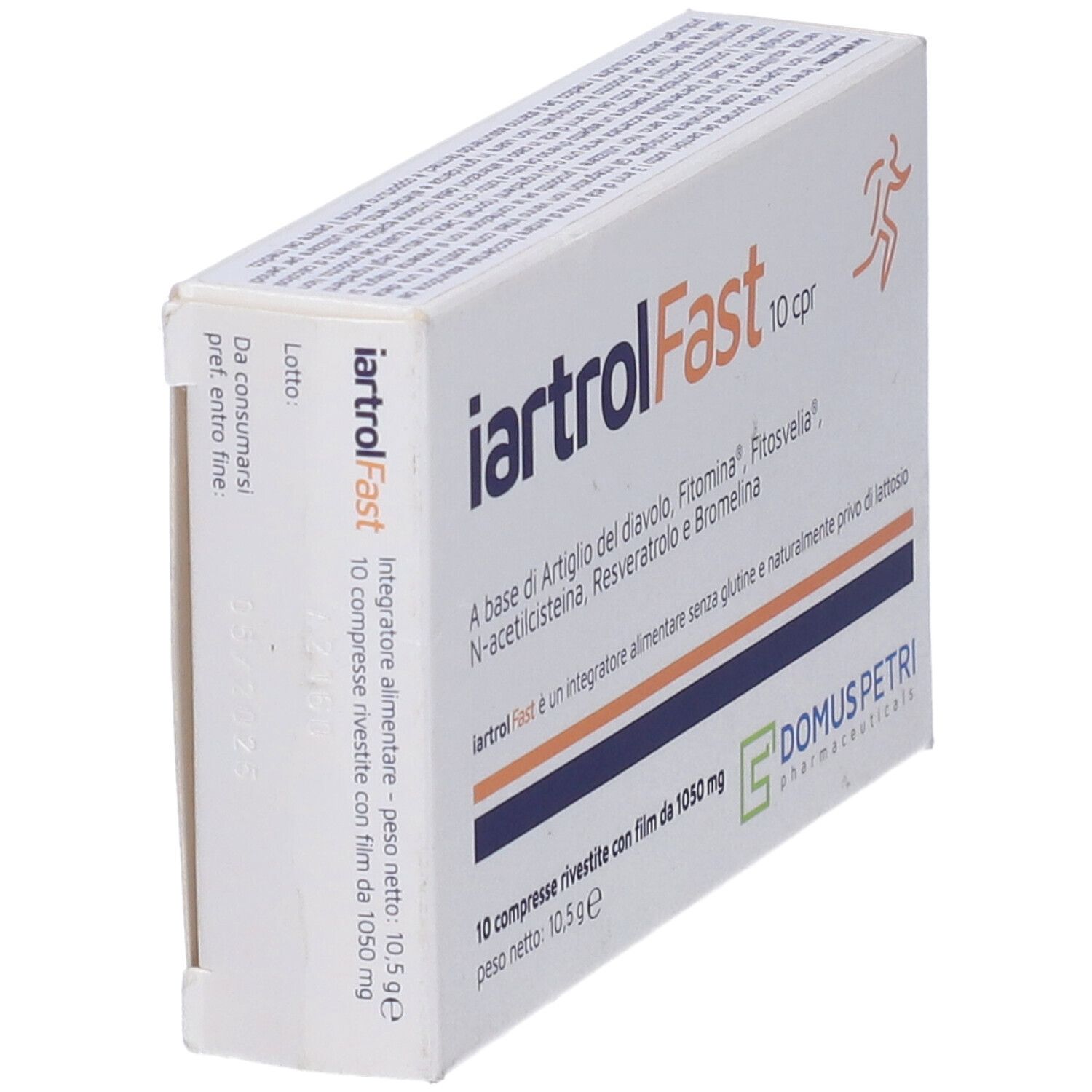 Scatola di compresse iartrolFast, 10 cpr. Contiene artiglio del diavolo, Fitomina, Fitosvelia, N-acetilcisteina, resveratrolo e bromelina. Vista laterale.
