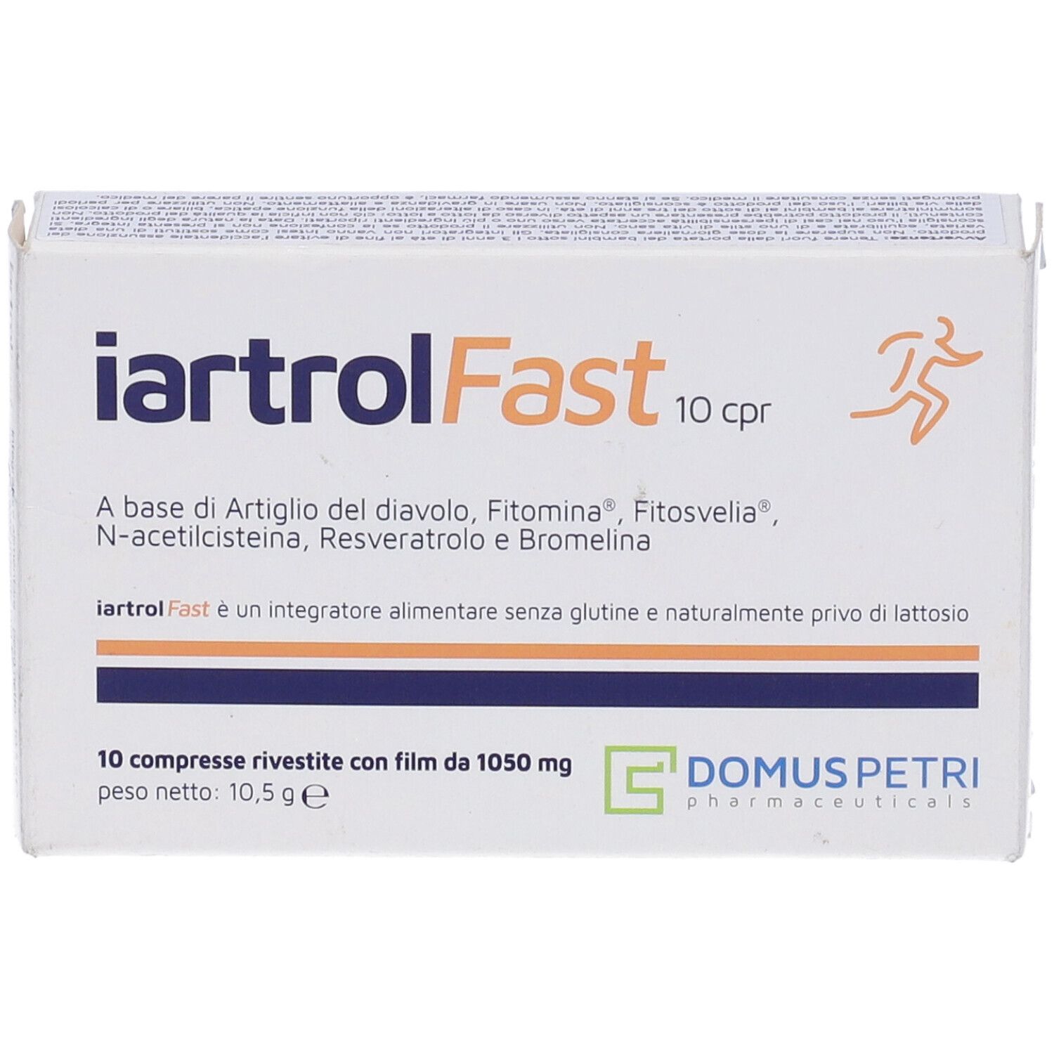 Scatola di compresse iartrolFast, 10 cpr. Contiene artiglio del diavolo, Fitomina, Fitosvelia, N-acetilcisteina, resveratrolo e bromelina. Marchio: Domus Petri.
