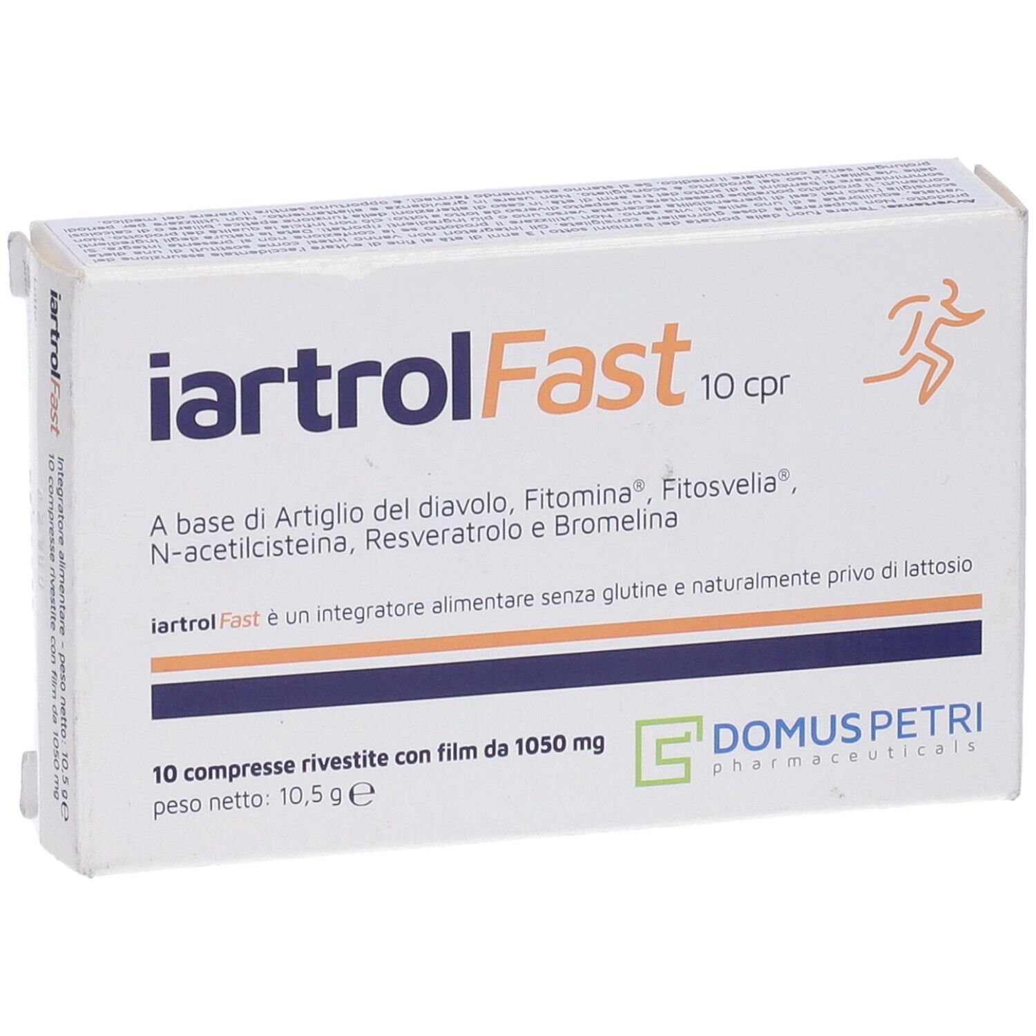 Scatola di compresse iartrolFast, 10 cpr. Contiene artiglio del diavolo, Fitomina, Fitosvelia, N-acetilcisteina, resveratrolo e bromelina. Marchio: Domus Petri.