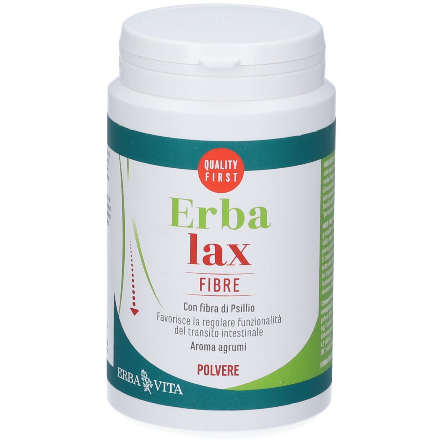 Prodotto cilindrico bianco con testo verde e rosso. Scritta: Erba Lax Fibre, Polvere. Marchio: Erba Vita.